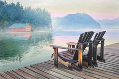 Olaf Schneider, "Serenity Bound", 42x62 Lake and Adirondack Chair Oil Painting