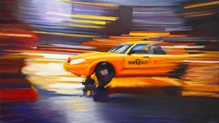 Olaf Schneider, "Taxi", 26x44 Cab New York Cityscape Oil Painting on Canvas