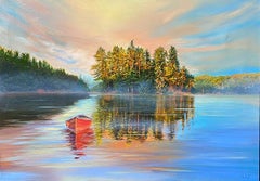 Olaf Schneider, "That's the Way Love Goes", 24x34 Lake and Canoe Oil Painting 