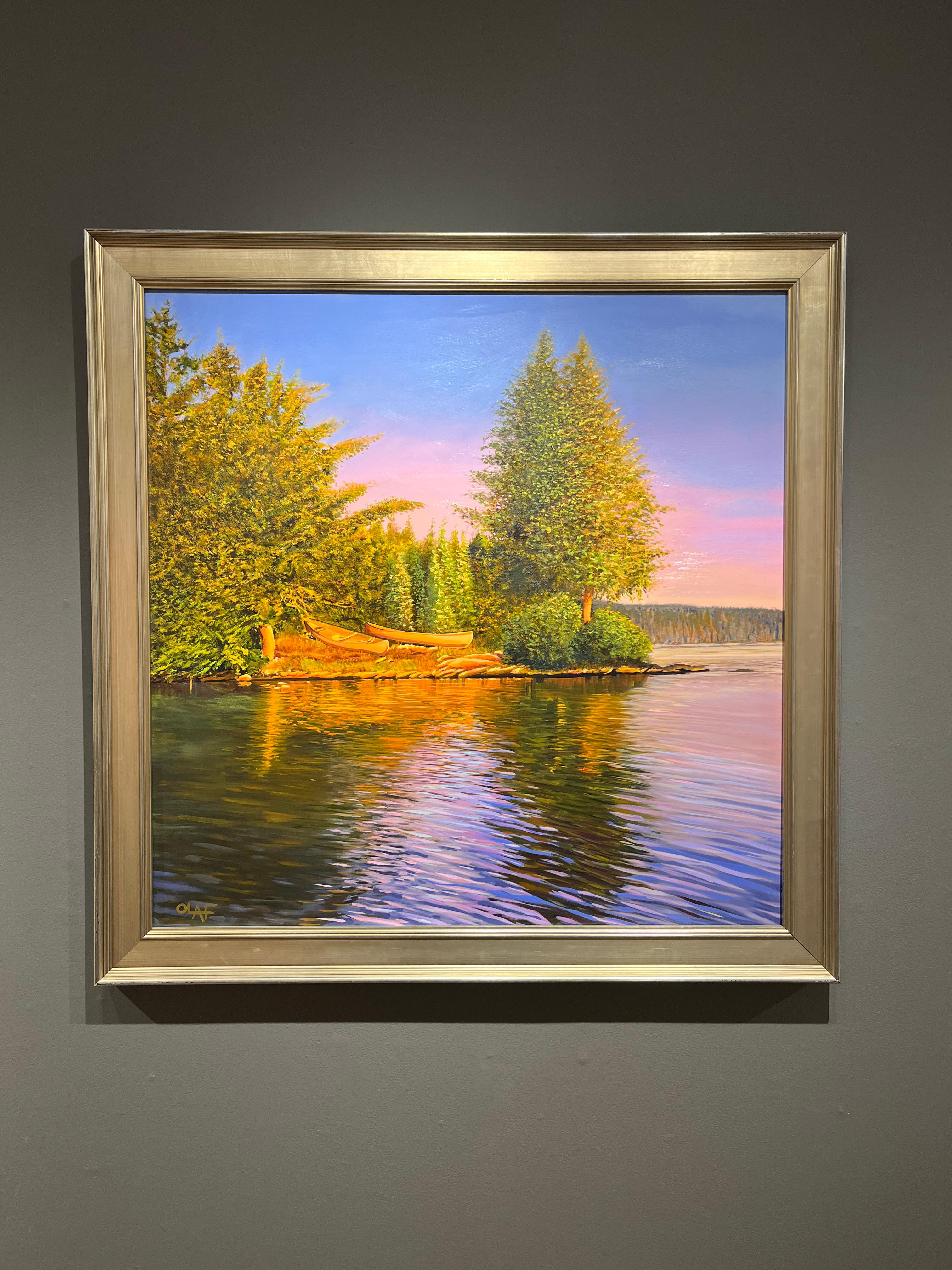 Olaf Schneider, „Wir lieben es hier“, Ölgemälde, 40x40 See und Kanus Ölgemälde im Angebot 1