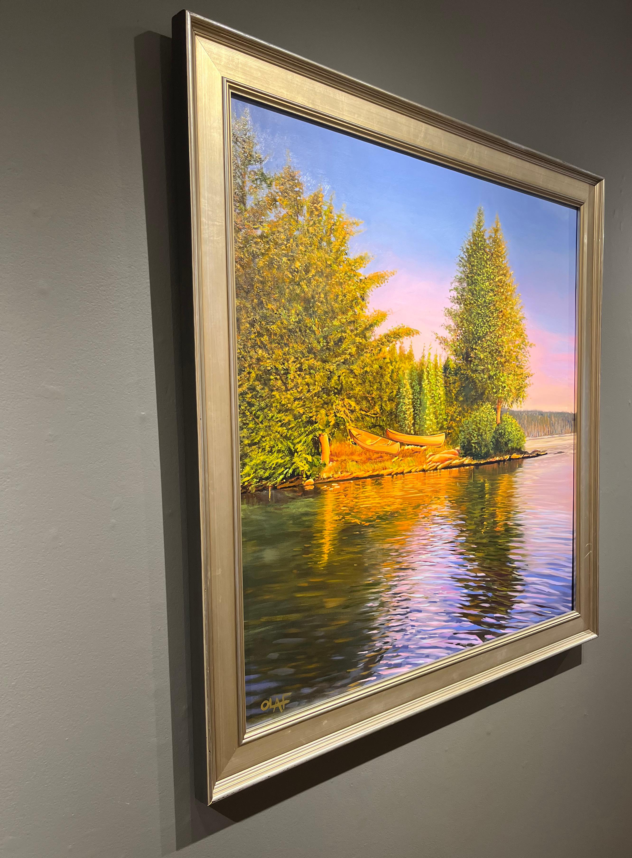 Olaf Schneider, „Wir lieben es hier“, Ölgemälde, 40x40 See und Kanus Ölgemälde im Angebot 3
