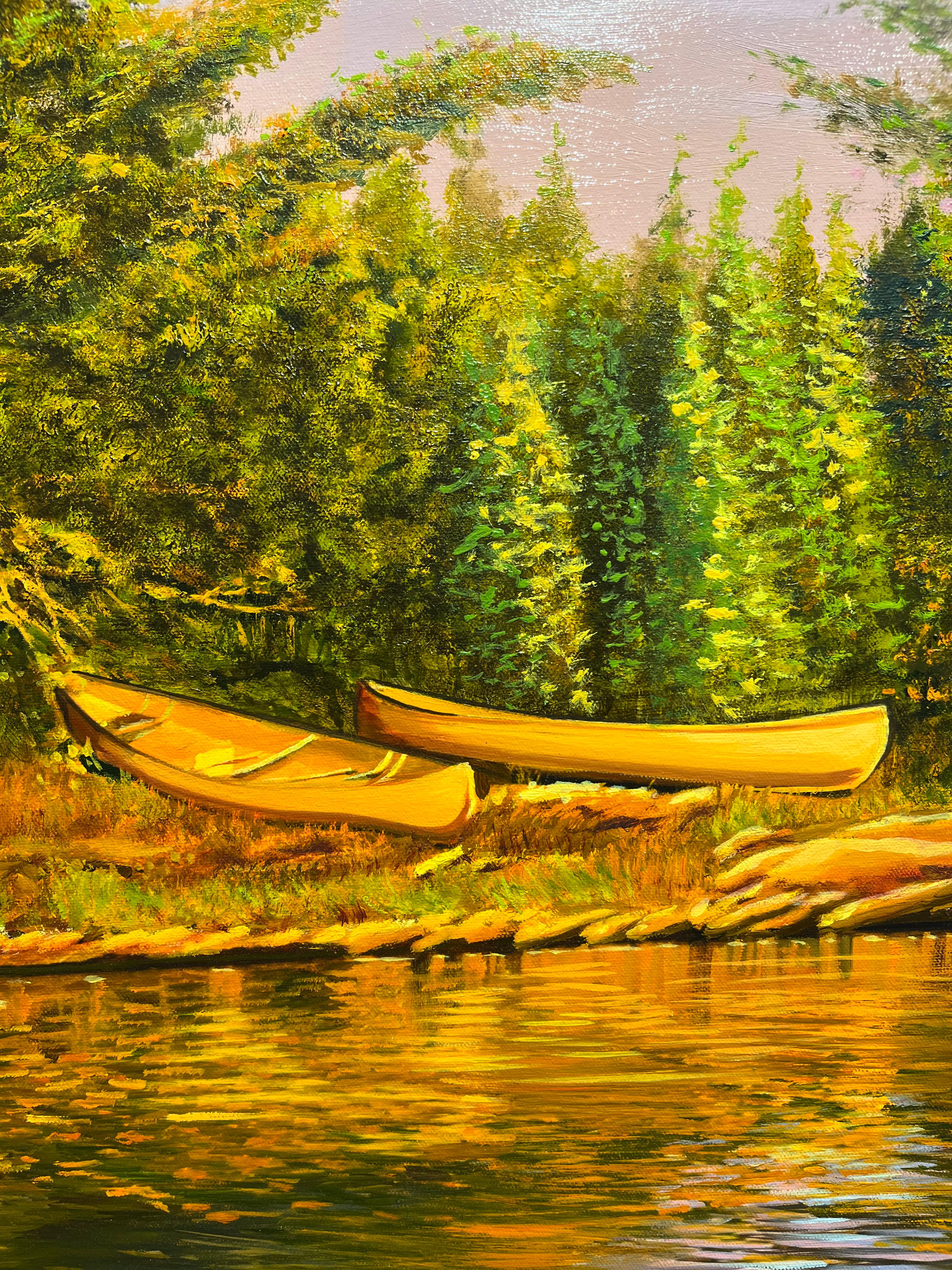 Olaf Schneider, „Wir lieben es hier“, Ölgemälde, 40x40 See und Kanus Ölgemälde im Angebot 4