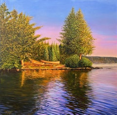 Olaf Schneider, "Ci piace qui", pittura a olio 40x40 con lago e canoa