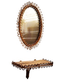 Olaf von Bohr Bamboo and Rattan Wall Mirror and Shelf Console, Italy, 1960s