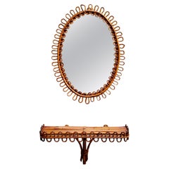 Olaf von Bohr Bamboo and Rattan Wall Mirror and Shelf Console, Italy, 1960s