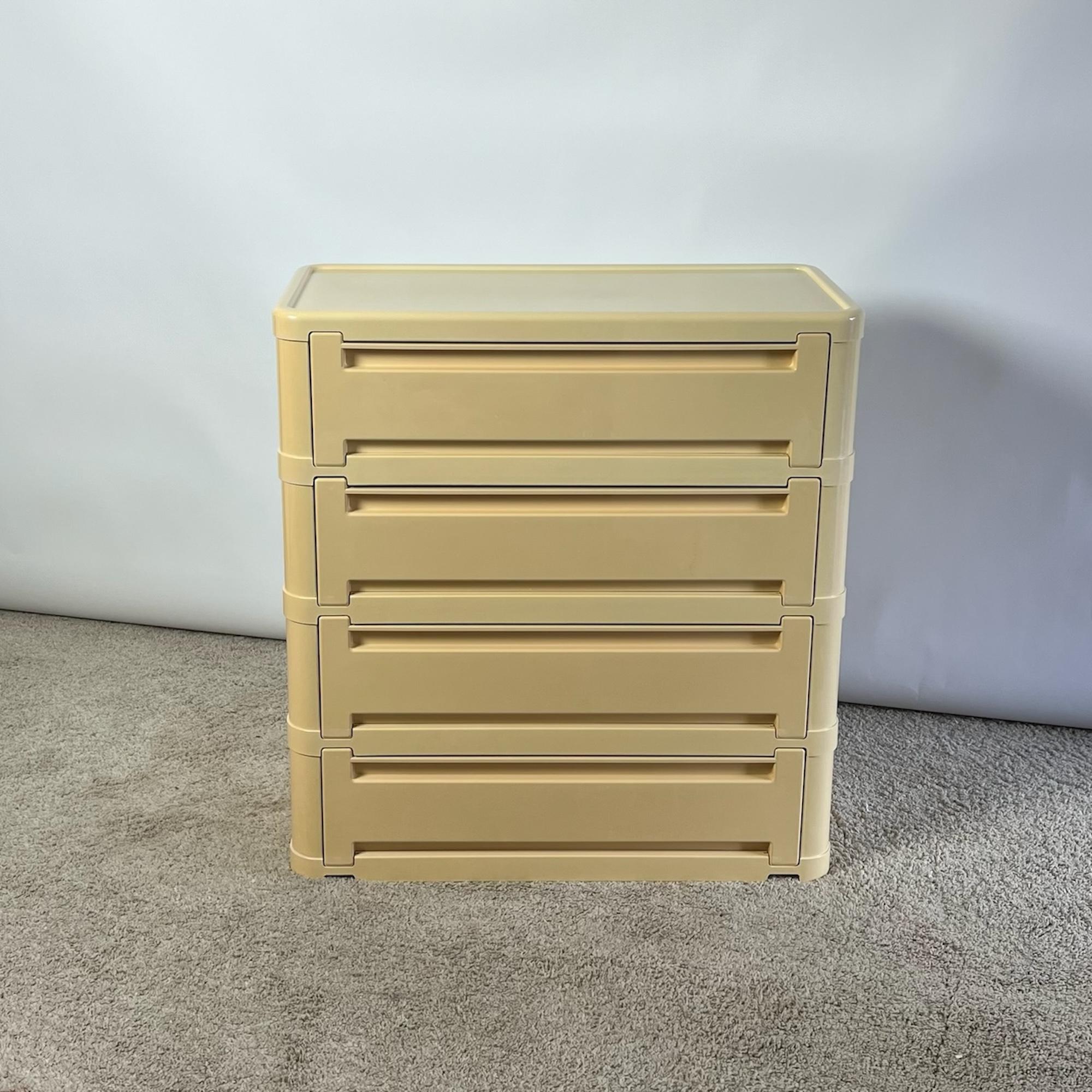 Embark on a journey through the cosmos of design with this rare plastic chest of drawers, a testament to Space Age Furniture Design. Designed by Olaf Von Bohr and meticulously produced by Kartell, this versatile sideboard or shoe rack, model 4964,