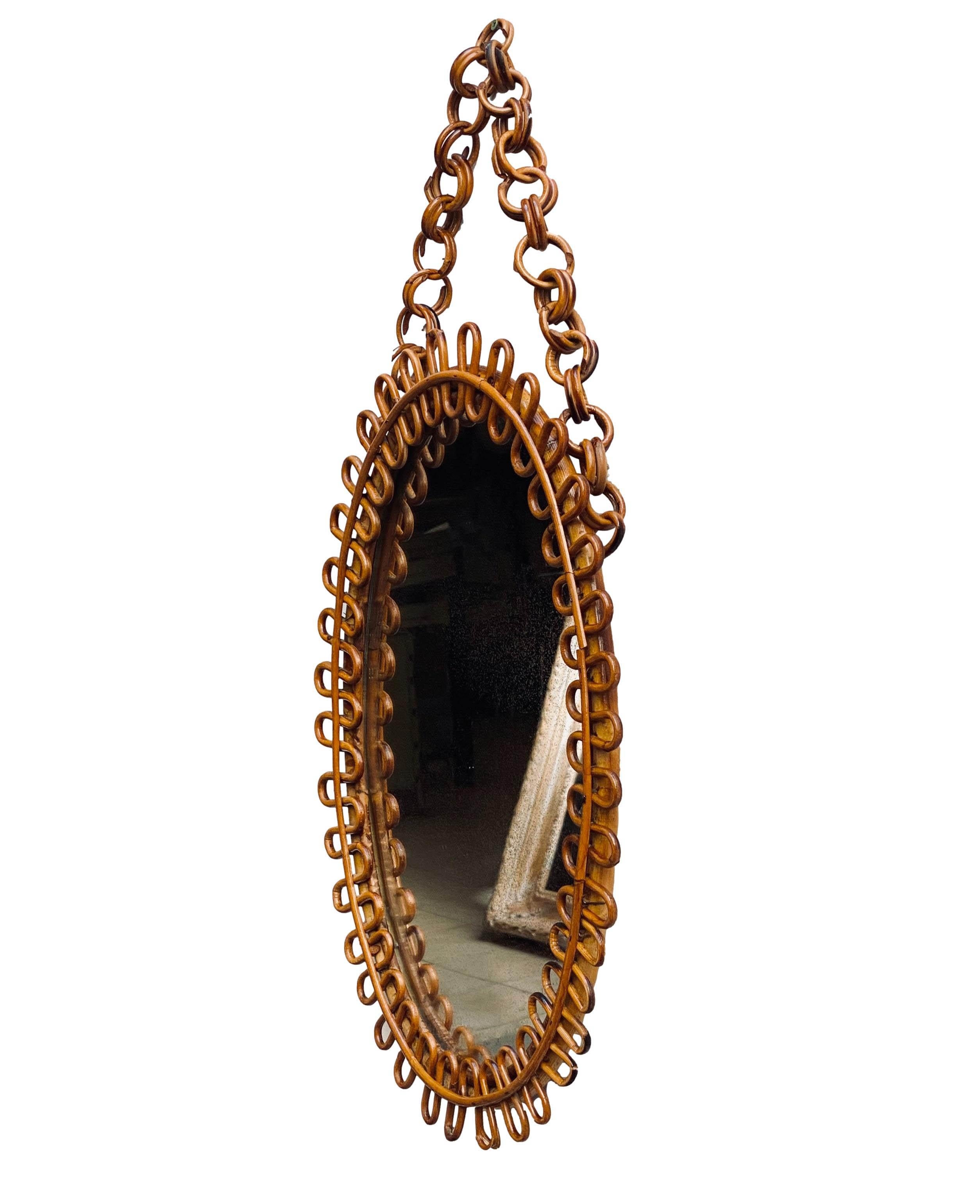 The mirror consists of an oval glass surrounded by an ingenious frame formed by two turns of bamboo joined by a dense weave of prickly pear cane to rods arranged radially with respect to the fulcrum of the oval mirror. 
Oval mirror made of bamboo