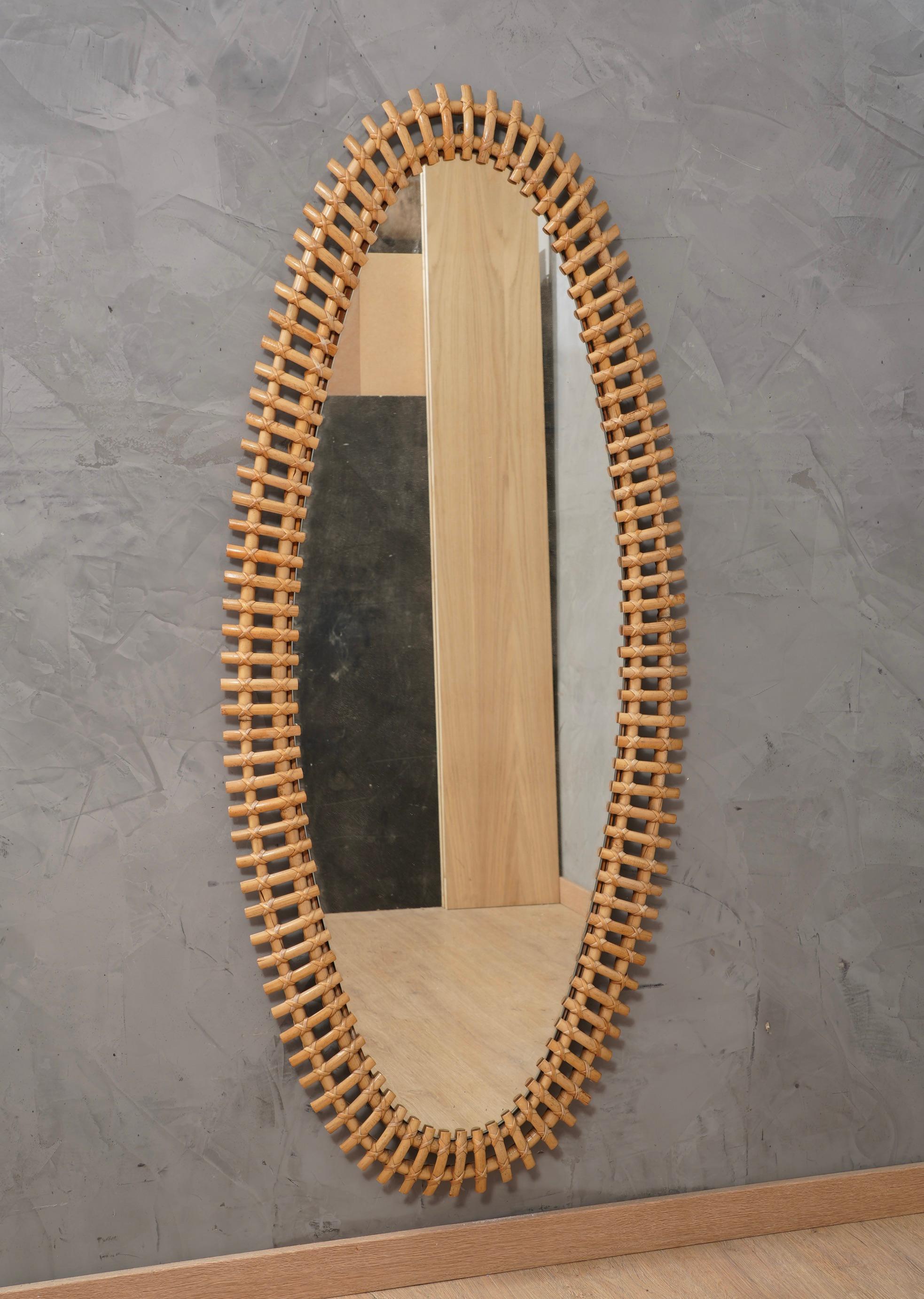 Italian Olaf von Bohr Per Bonacina Rattan and Wicker Wall Mirror, 1960 For Sale