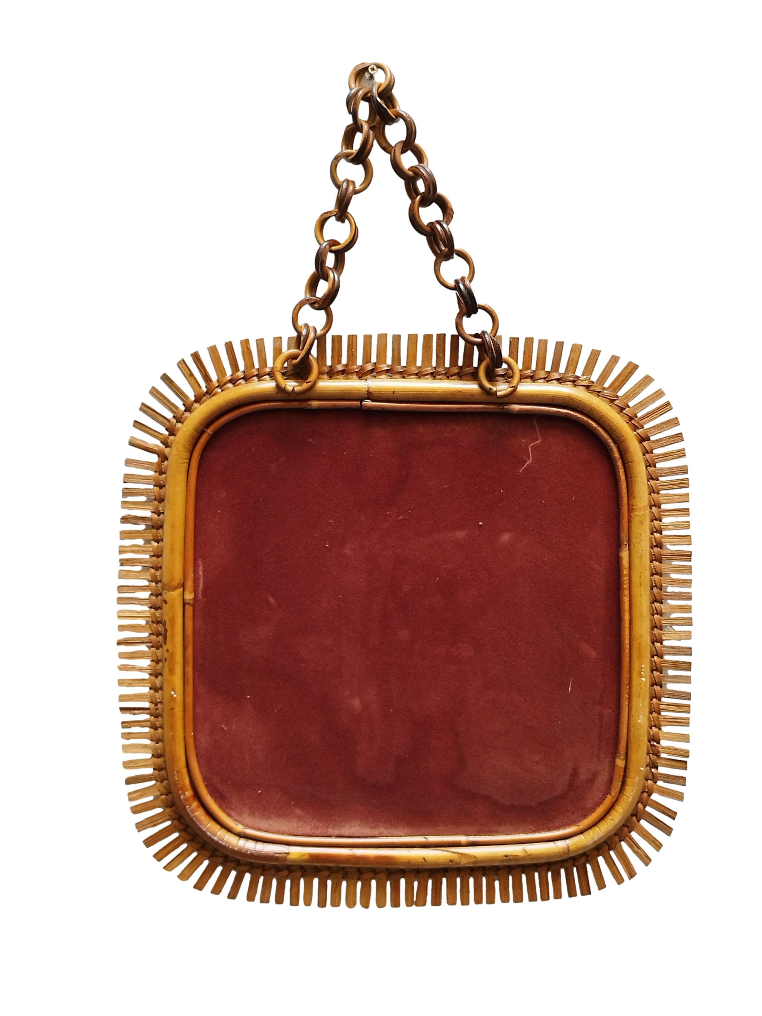 Olaf Von Bohr Style Rattan Square Wall Mirror, Italy, 1960s In Good Condition For Sale In Naples, IT