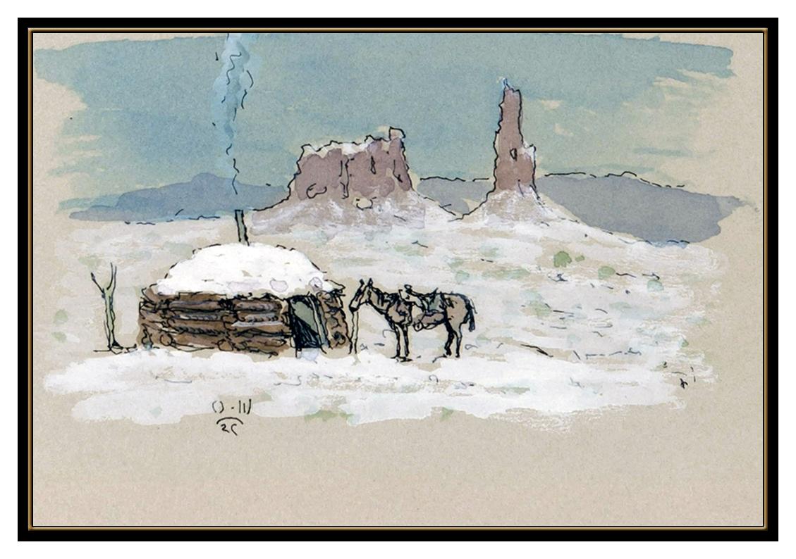 Olaf Wieghorst Original Gouache Painting Western Winter Landscape Horse Signed  im Angebot 1