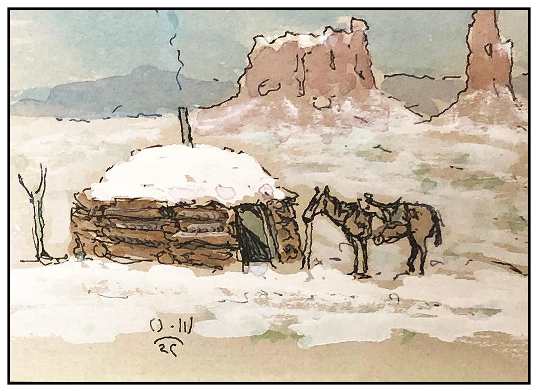 Olaf Wieghorst Original Gouache Painting Western Winter Landscape Horse Signed  im Angebot 2