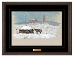 Olaf Wieghorst Original Gouache Painting Western Winter Landscape Horse Signed 