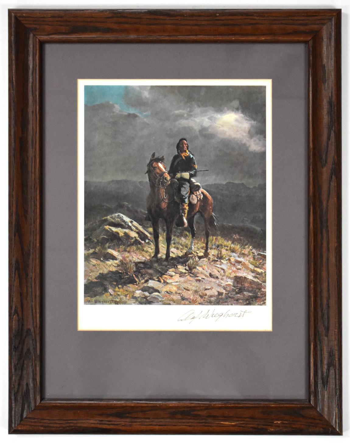 Olaf Wieghorst Figurative Print - "INDIAN ON HORSE" WESTERN NATIVE AMERICAN