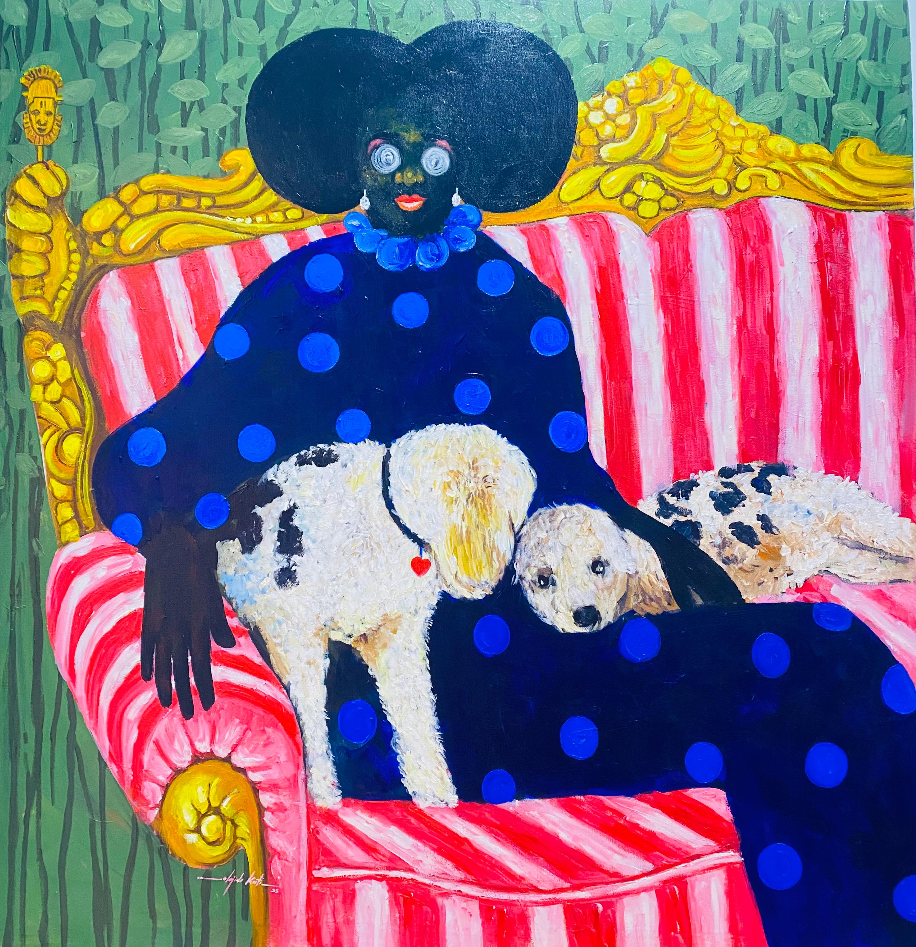 Figurative Painting Olajide Kuti - Aduke et ses animaux - 21e siècle, Contemporain, Abstraction figurative, Animal