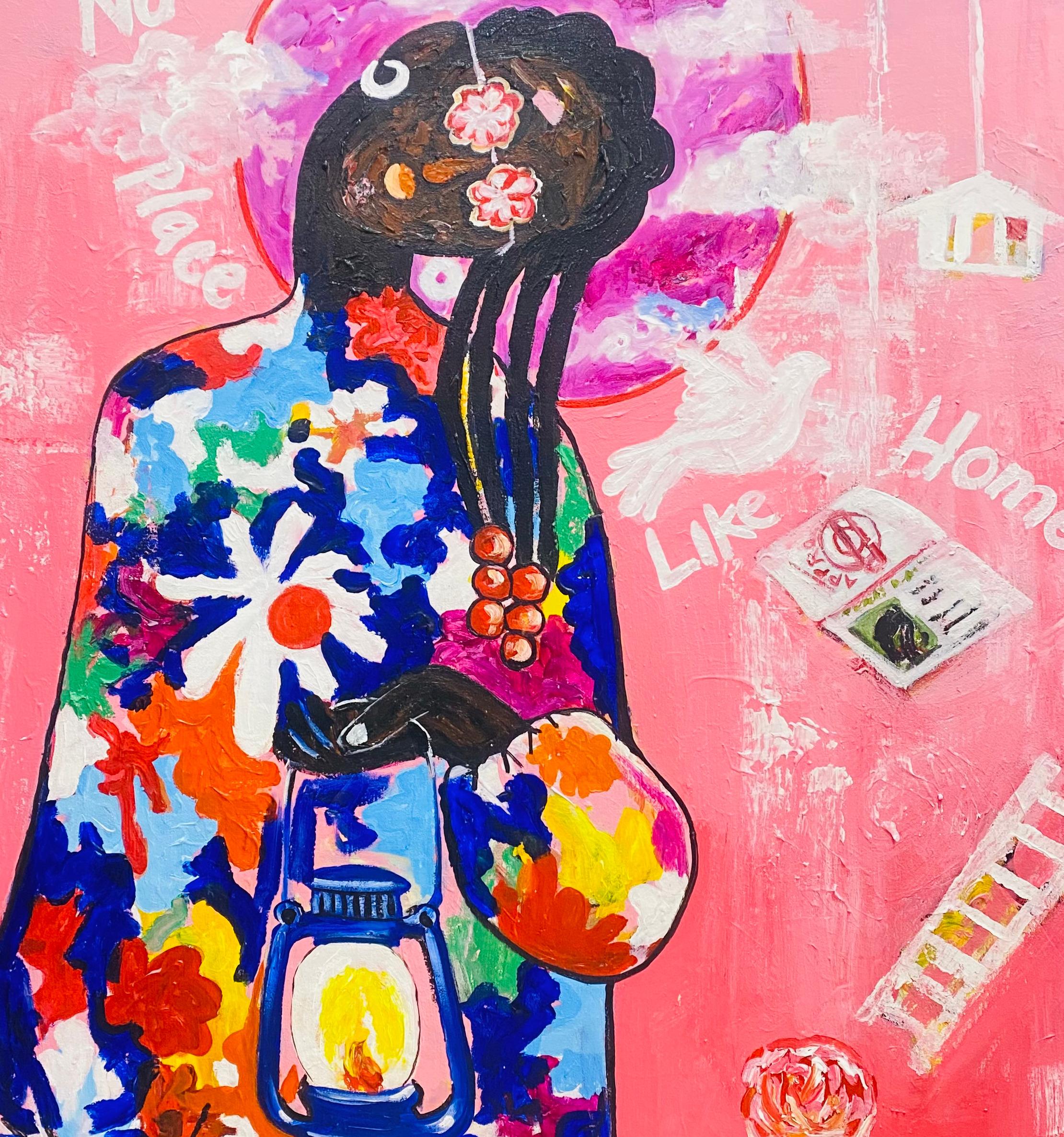 Finding Solace - 21. Jahrhundert, Zeitgenössisch, Figurative Abstraktion, Floral (Pink), Figurative Painting, von Olajide Kuti