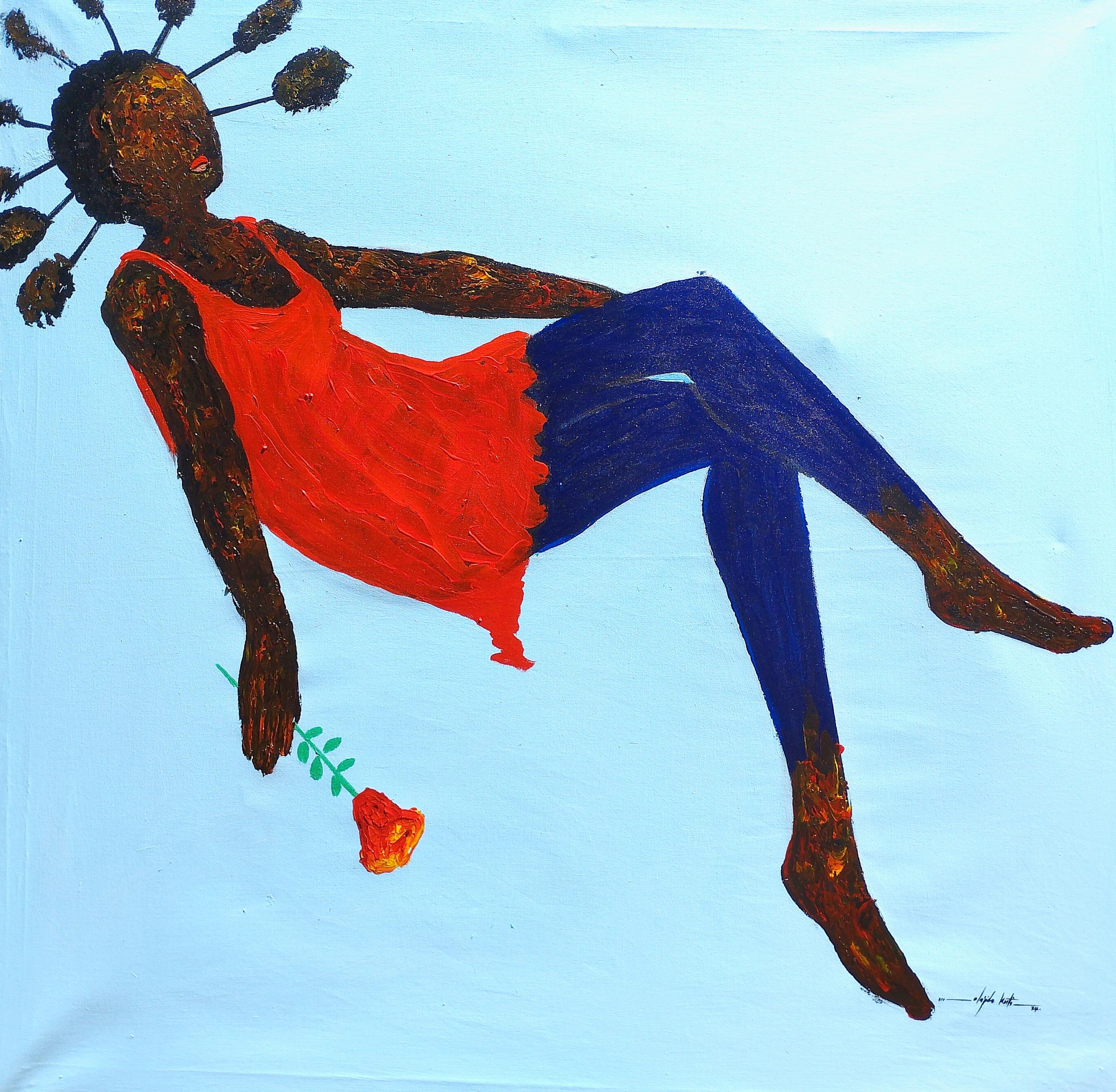 Figurative Painting di Olajide Kuti - Fiore fluttuante -21° Secolo, Contemporaneo, Astrazione figurativa, Africa, Rosa