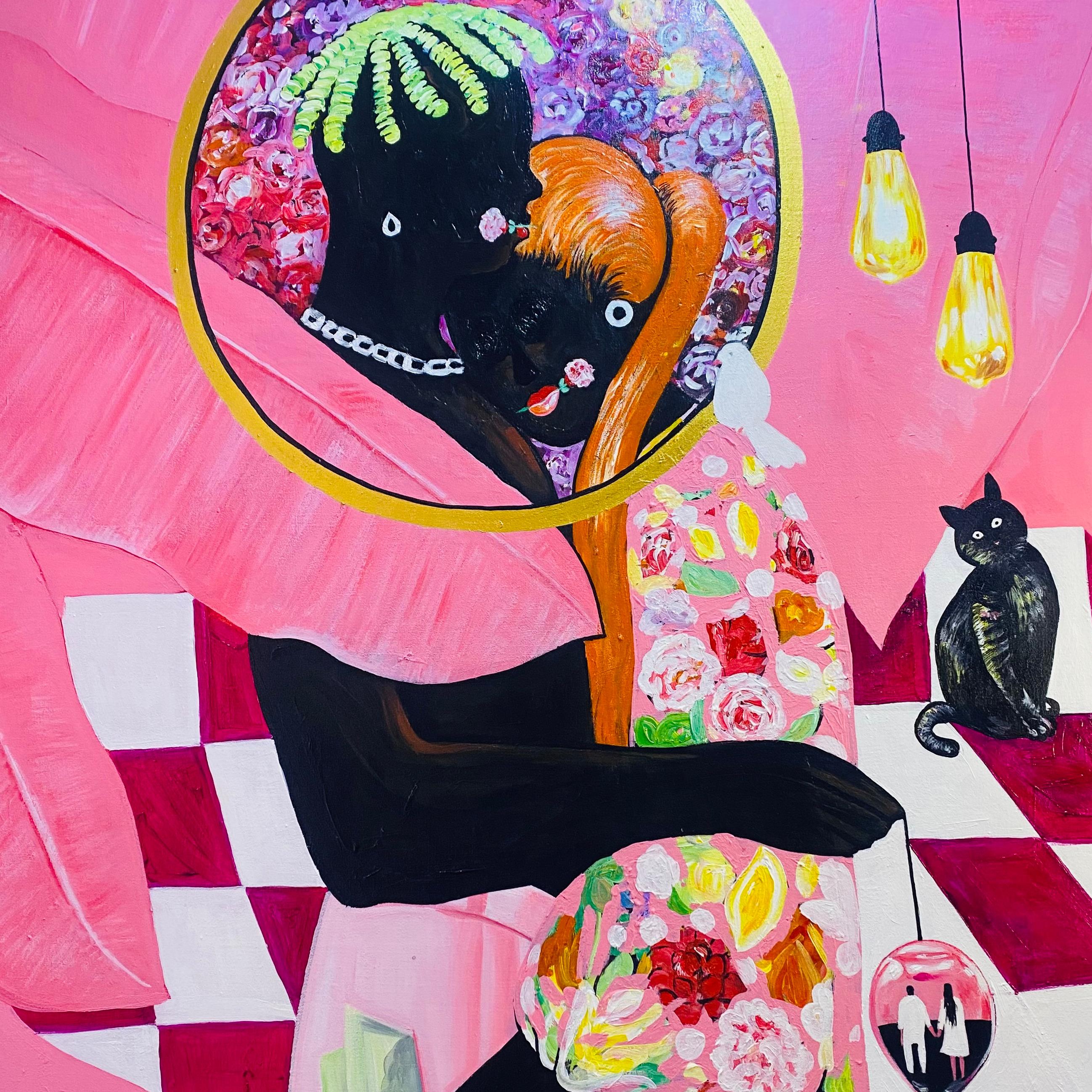 GenZ Lovers -21° secolo, Contemporaneo, Astrazione figurativa, Africa, Coppia - Figurative Painting Rosa di Olajide Kuti