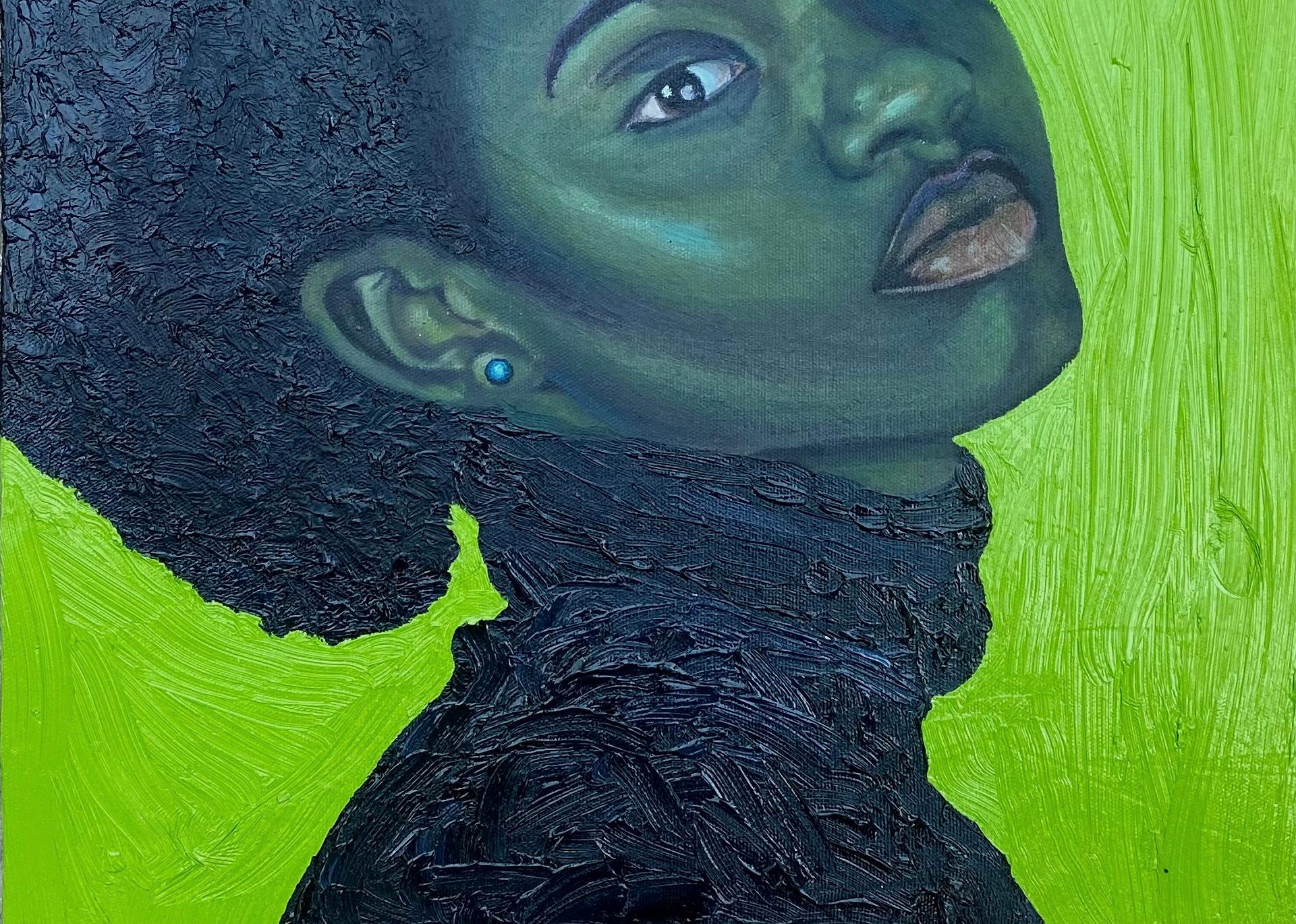 I Found My Peace - 21. Jahrhundert, Zeitgenössisch, Realistisches Porträt, Schwarze Frau (Blau), Portrait Painting, von Olajire Olalekan