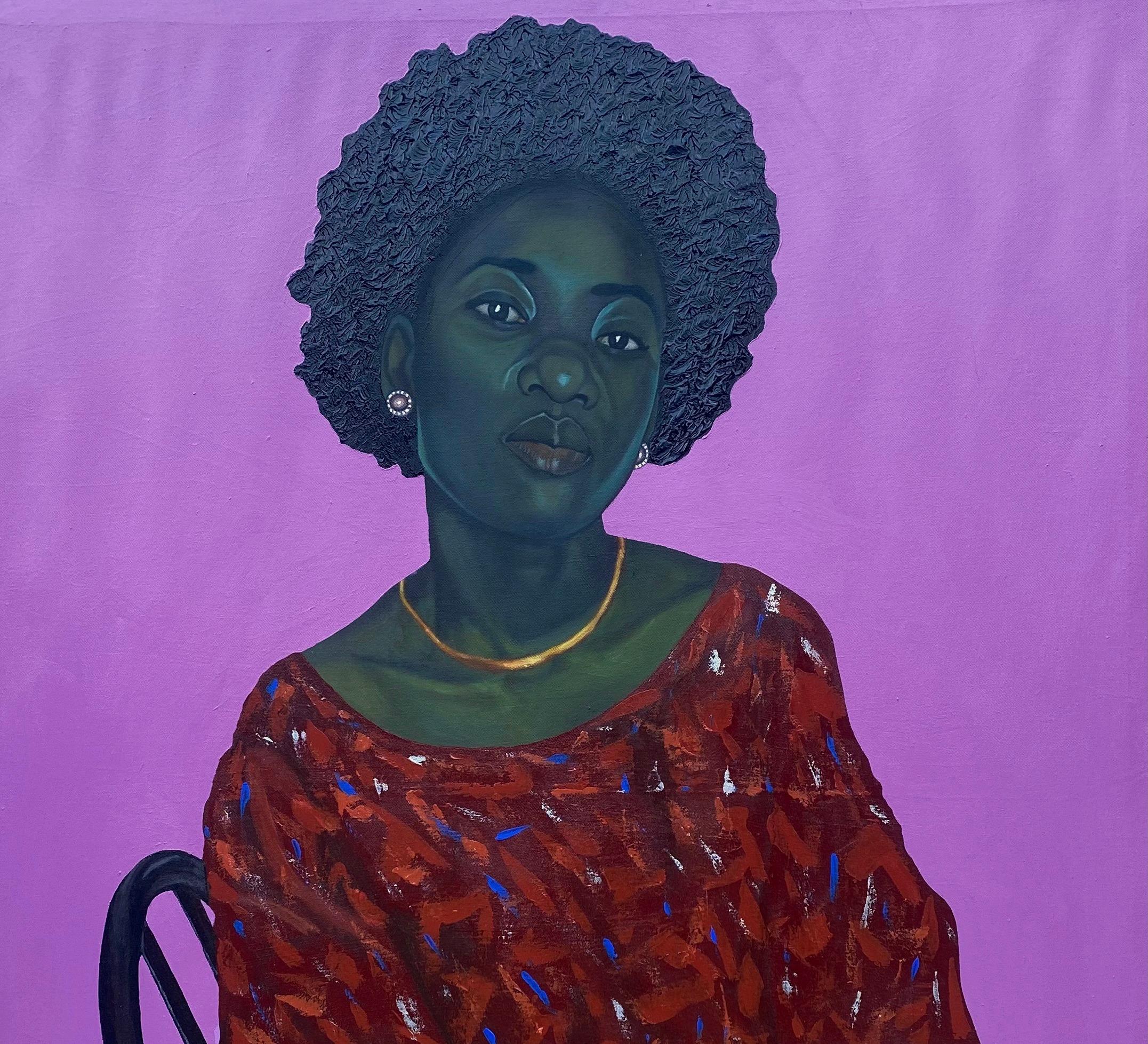 Trueing Self - 21. Jahrhundert, Zeitgenössisch, Realistisches Porträt, Frau auf Stuhl sitzend – Painting von Olajire Olalekan