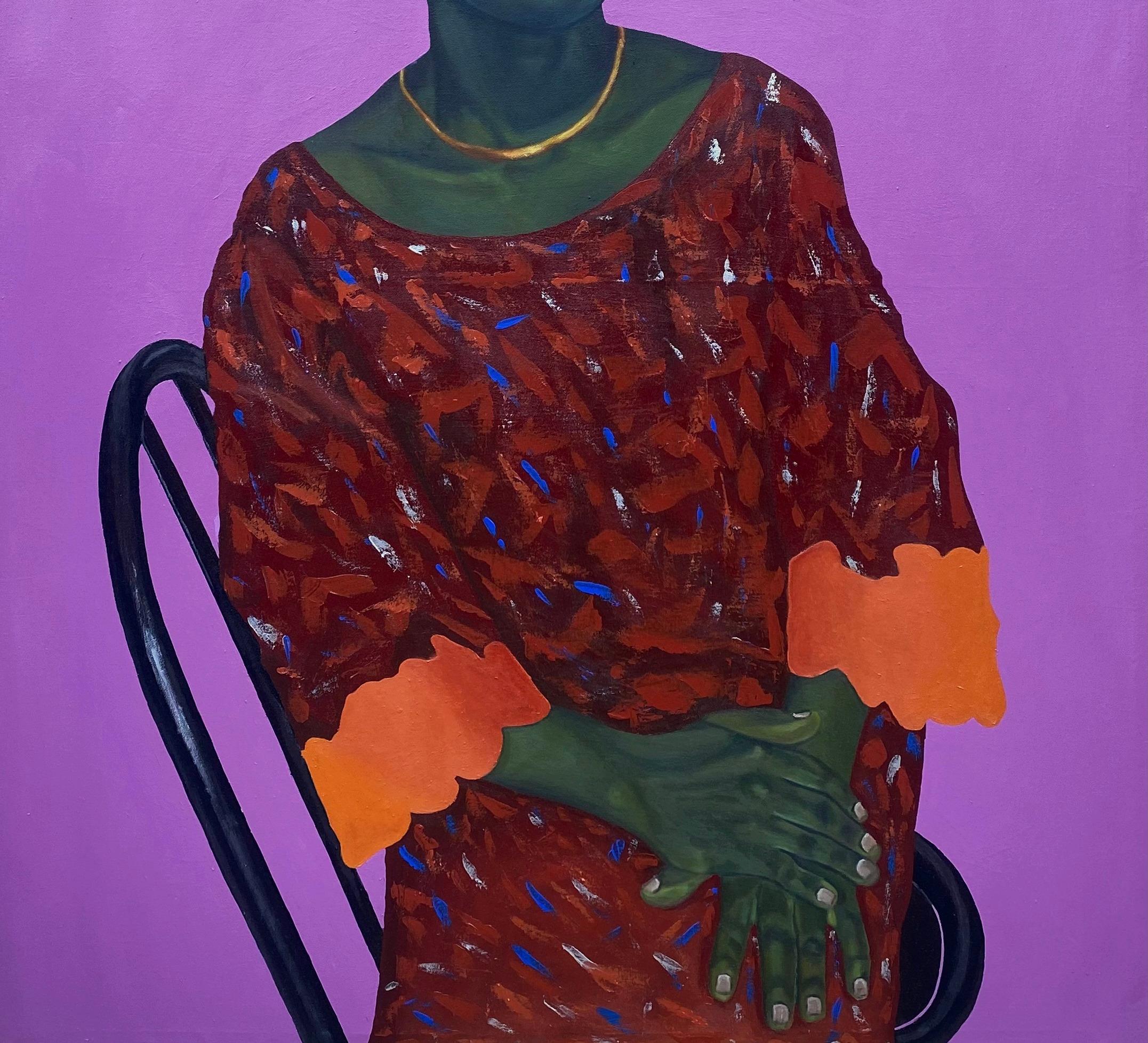 Trueing Self - 21. Jahrhundert, Zeitgenössisch, Realistisches Porträt, Frau auf Stuhl sitzend (Violett), Figurative Painting, von Olajire Olalekan