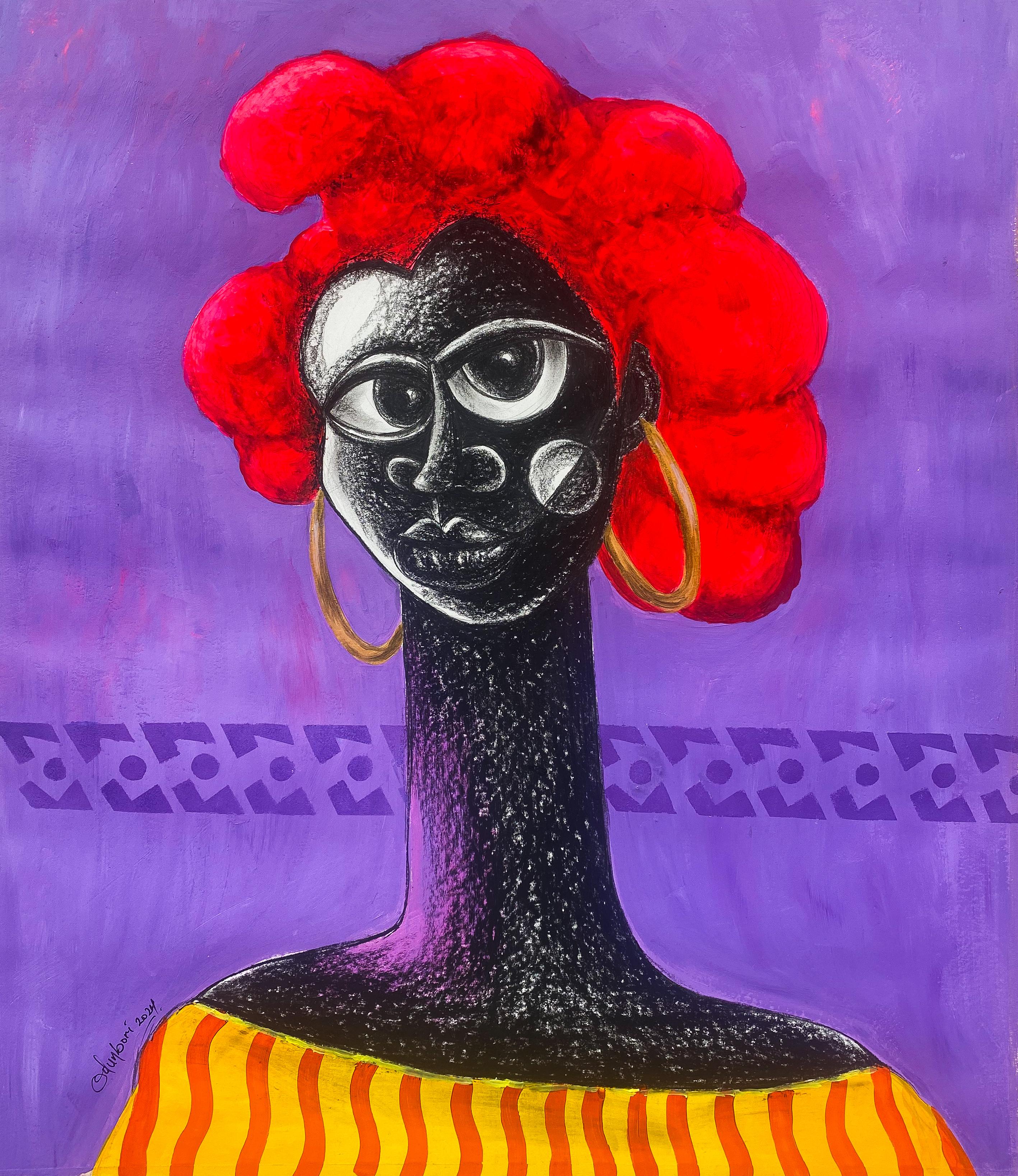 Portrait Painting de Olalekan Odunbori - Hibiscus - Siglo XXI, Contemporáneo, Pintura figurativa, Técnica mixta, Mujer
