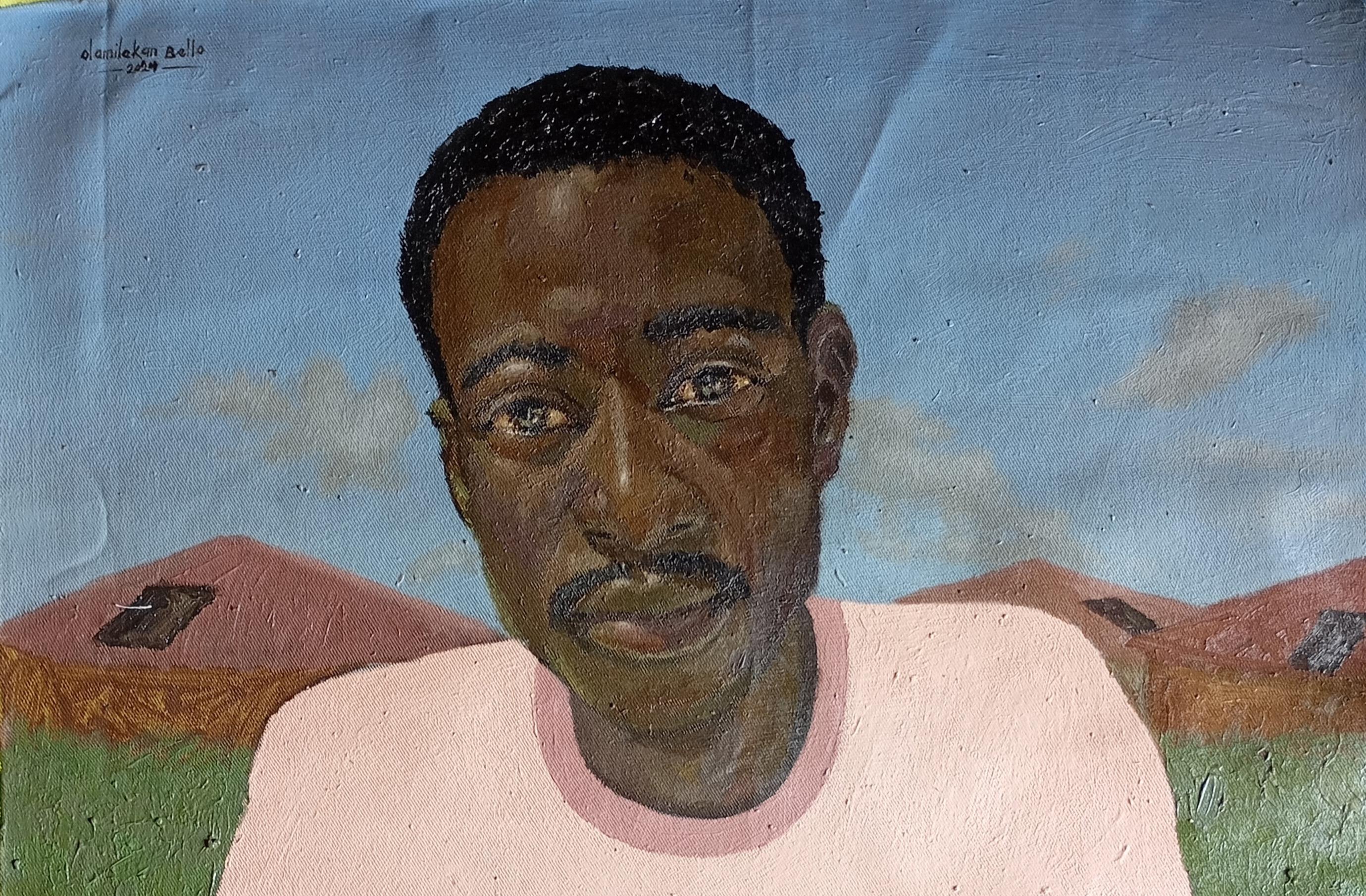 Ben (Agua en el agujero) -Siglo XXI, Contemporáneo, Figurativo, Paisaje, Hombres - Painting de Olamilekan Bello