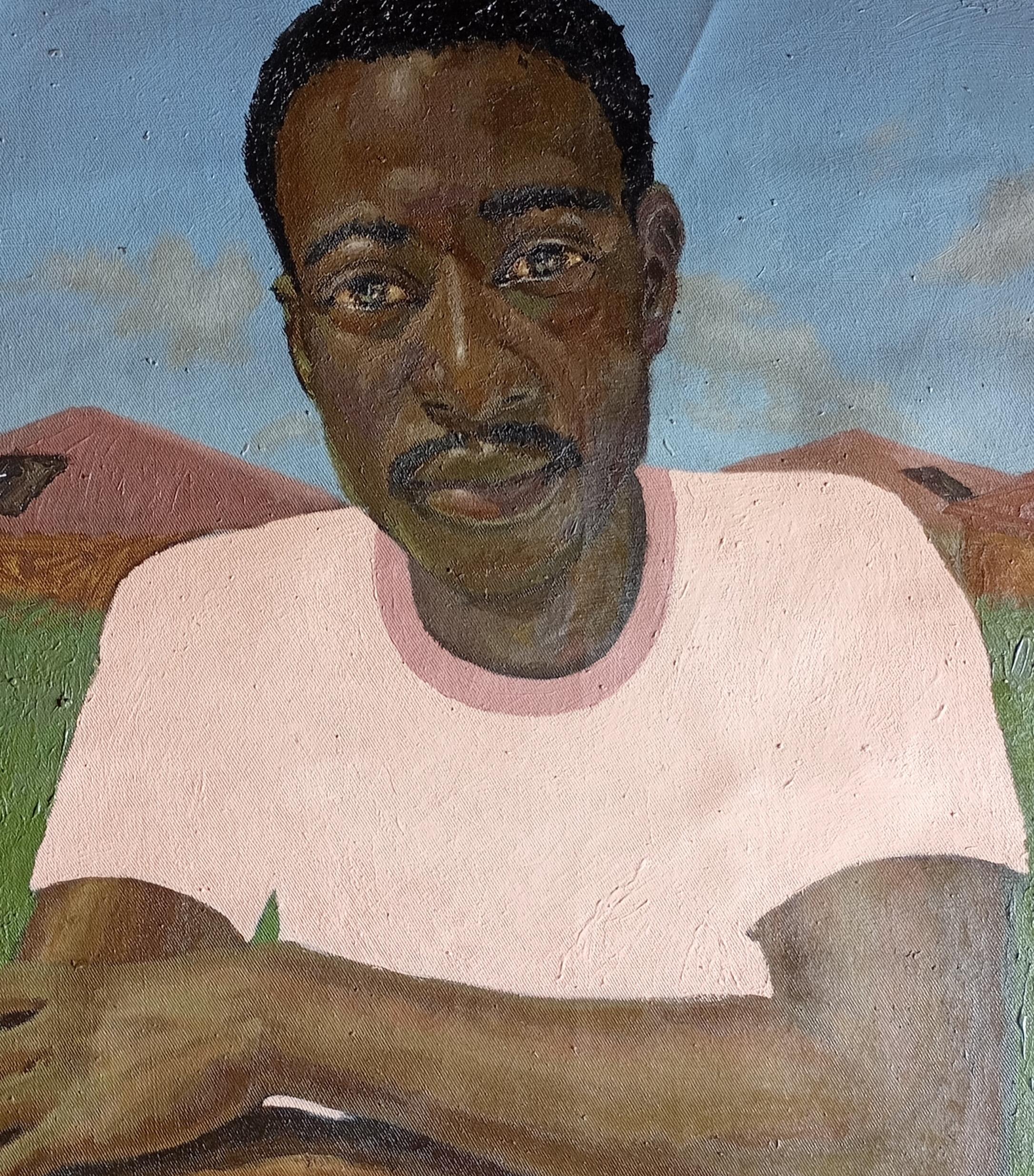 Ben (Agua en el agujero) -Siglo XXI, Contemporáneo, Figurativo, Paisaje, Hombres - Figurative Painting Gris de Olamilekan Bello