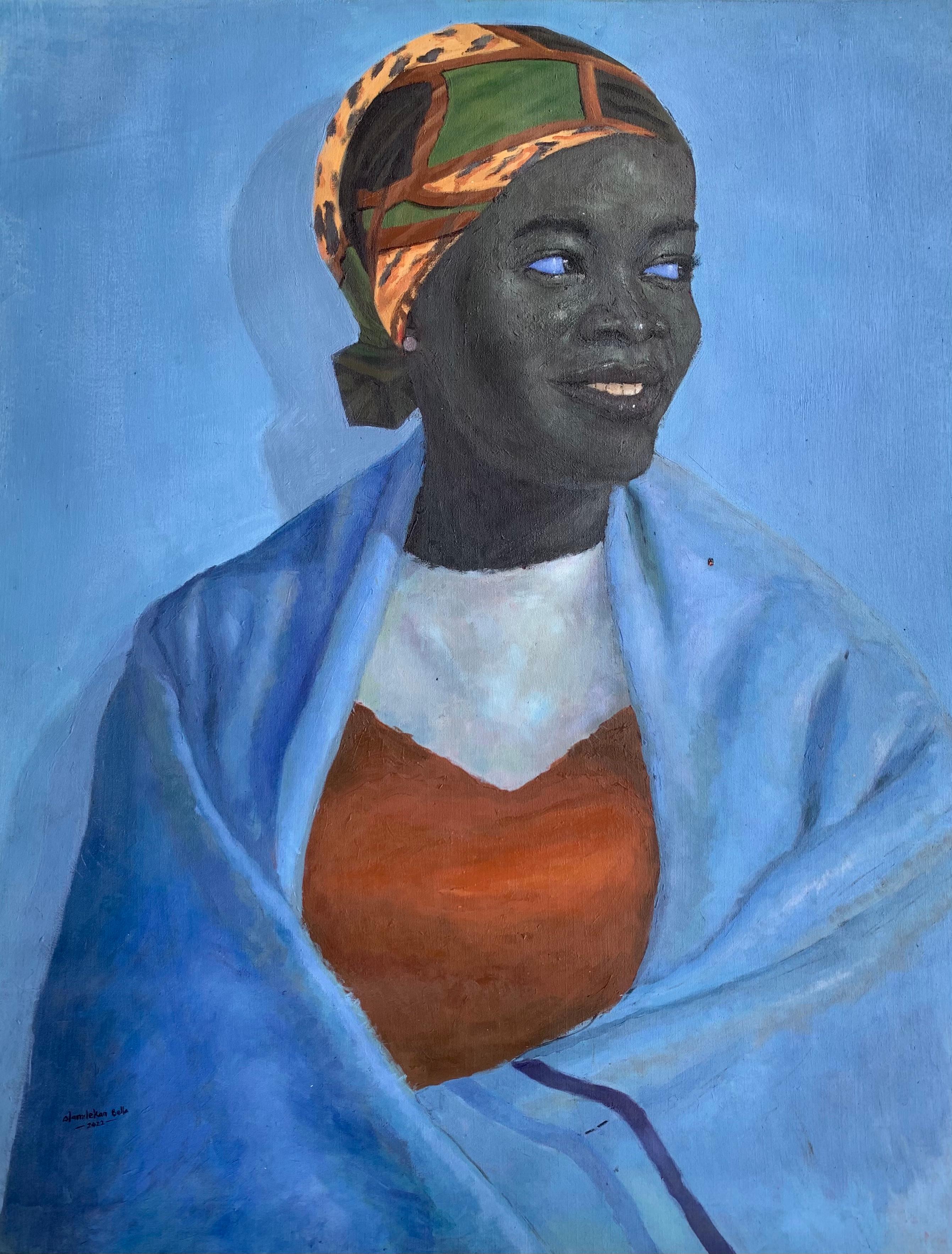 Olamilekan Bello Figurative Painting - Blue Towel 1