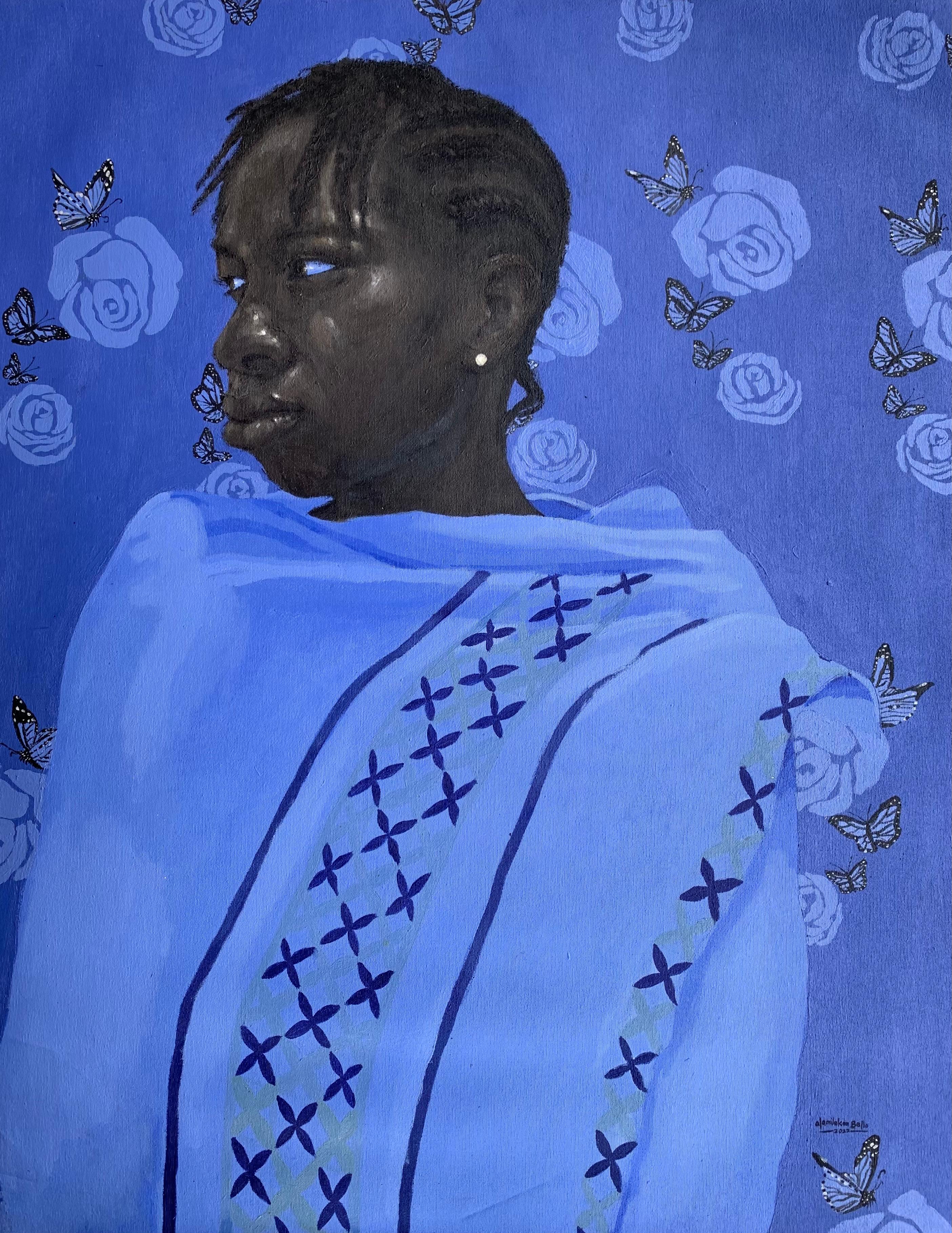 Olamilekan Bello Figurative Painting - Blue Towel 2