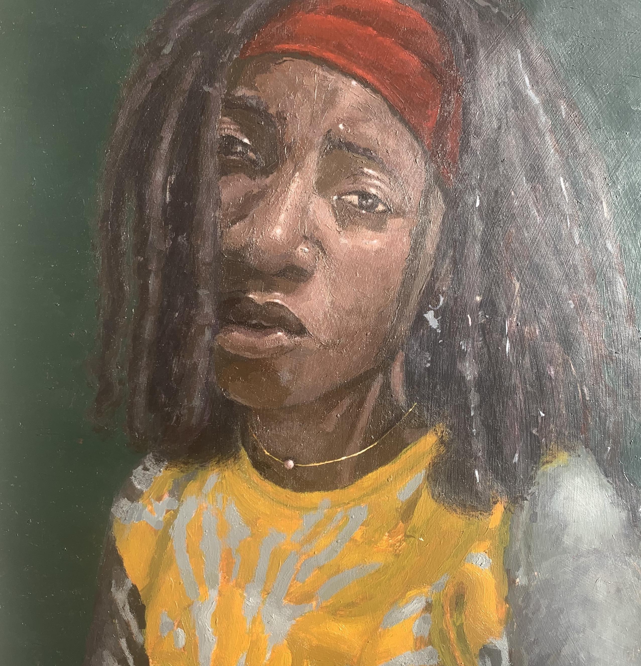 Solitario con pensieri 1 - 21° secolo, Contemporaneo, Ritratto figurativo, Donne - Portrait Painting Marrone di Olamilekan Bello