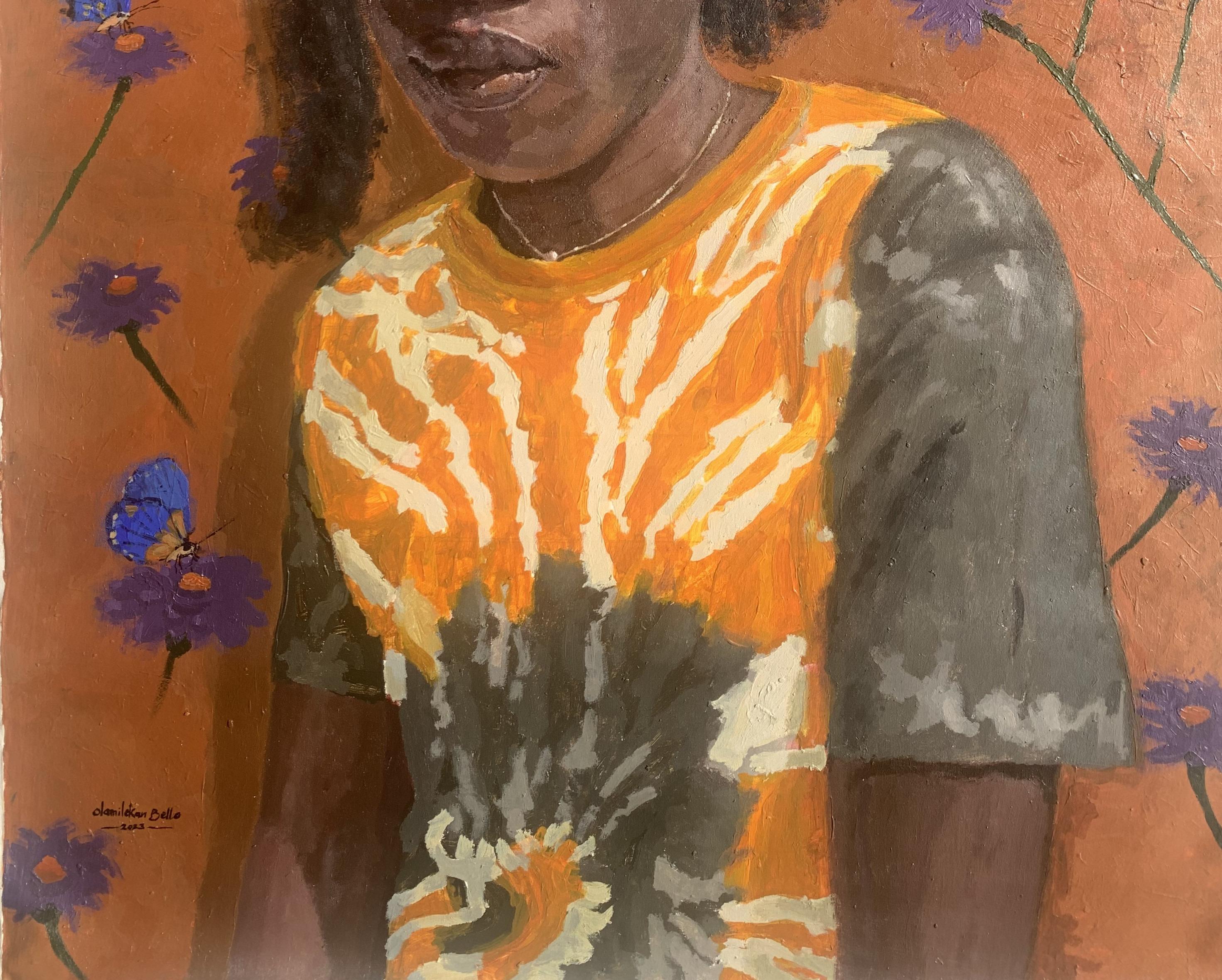 Solitario con pensieri 2 - 21° Secolo, Contemporaneo, Ritratto figurativo, Donne - Painting Espressionista di Olamilekan Bello