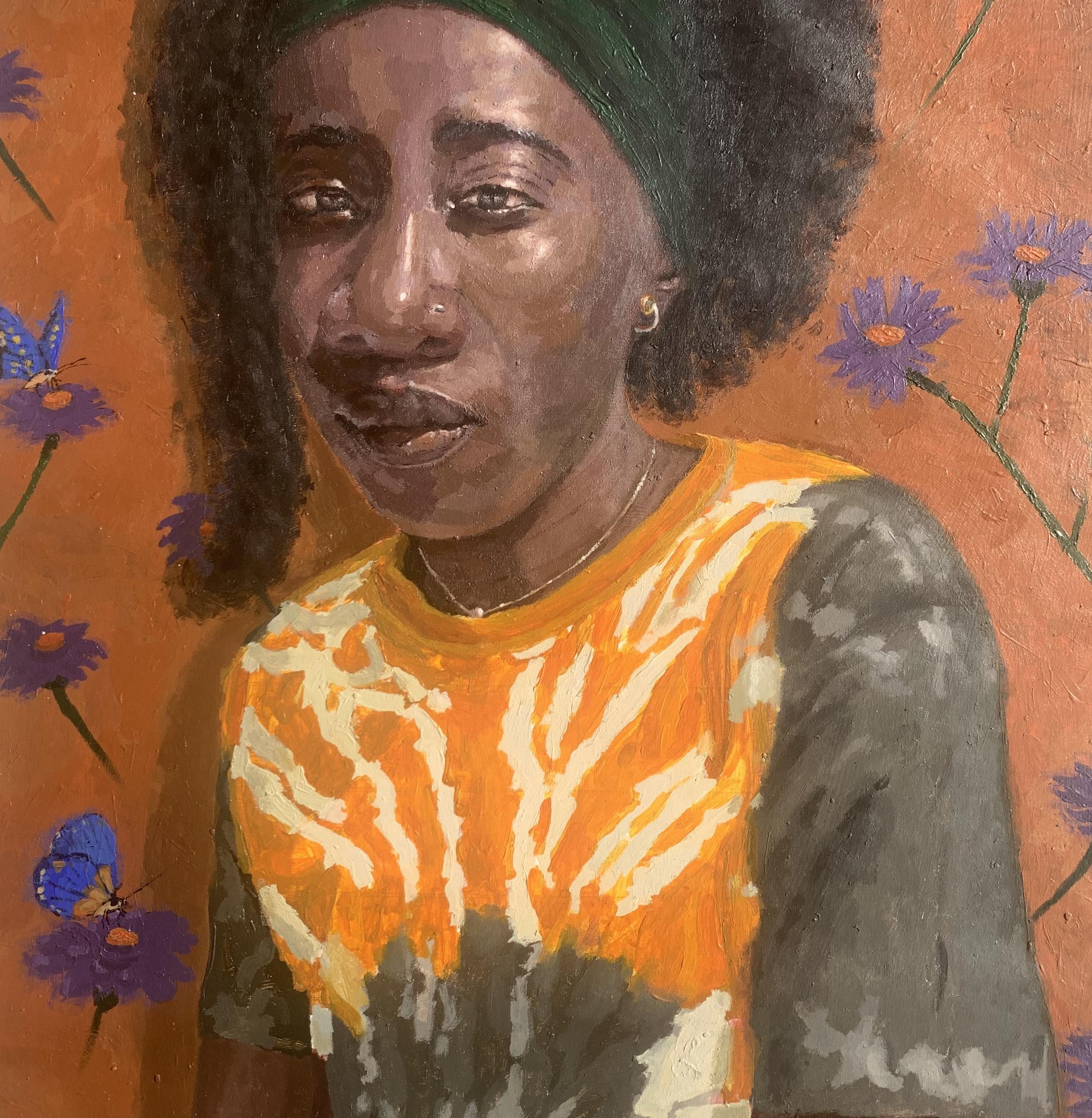 Solitario con pensieri 2 - 21° Secolo, Contemporaneo, Ritratto figurativo, Donne - Portrait Painting Marrone di Olamilekan Bello