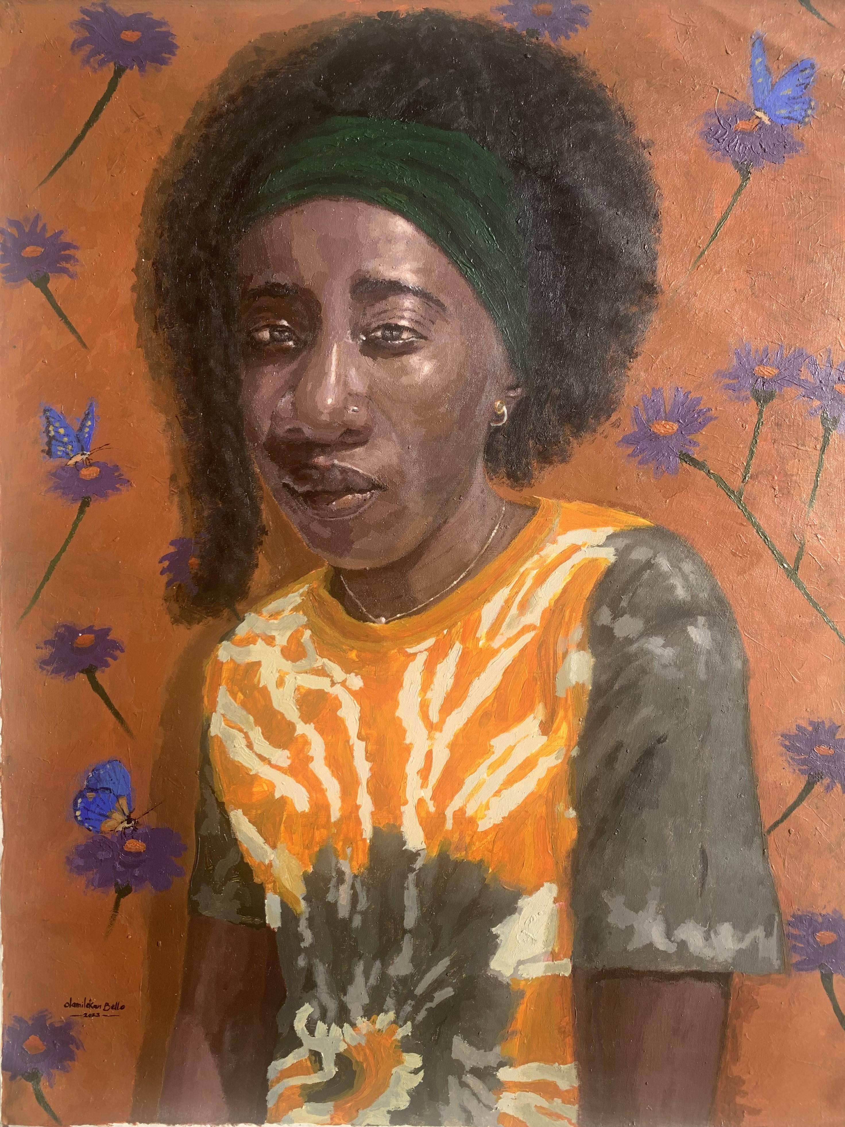 Portrait Painting di Olamilekan Bello - Solitario con pensieri 2 - 21° Secolo, Contemporaneo, Ritratto figurativo, Donne