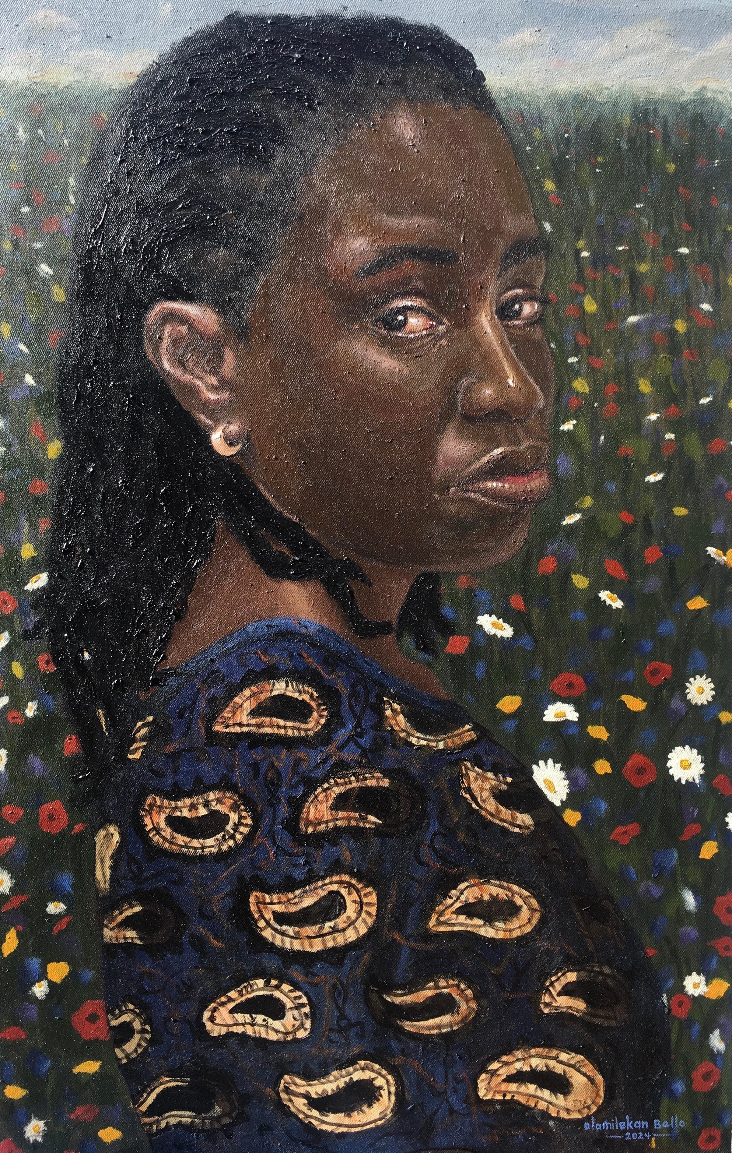 Figurative Painting di Olamilekan Bello - Signora matura - 21° secolo, Contemporaneo, Ritratto figurativo, Donne, Nature
