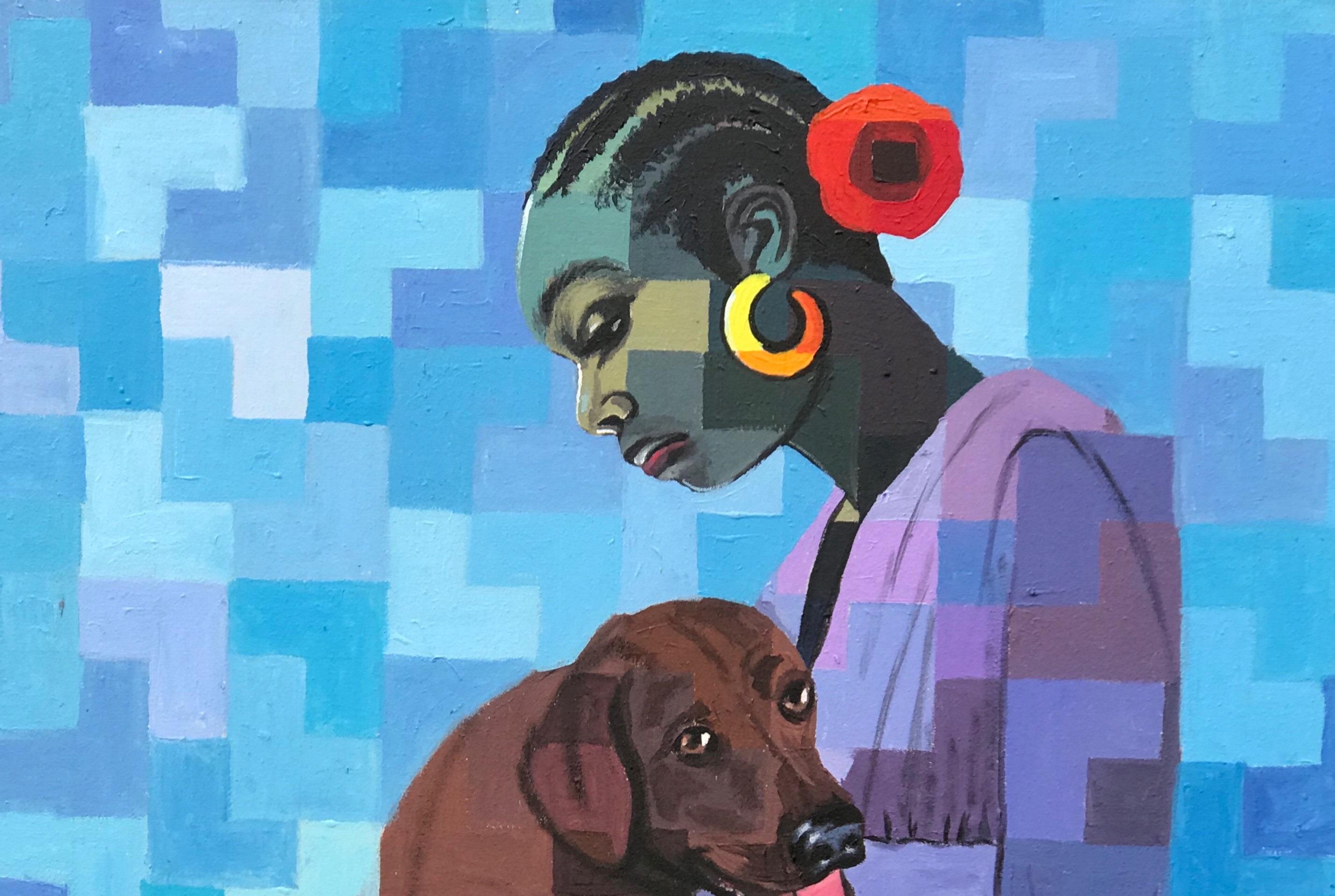 A Better Friend 1 - 21. Jahrhundert, Zeitgenössisch, Figurativ, Pixel, Frauen, Tier – Painting von Olamilekan Okunade