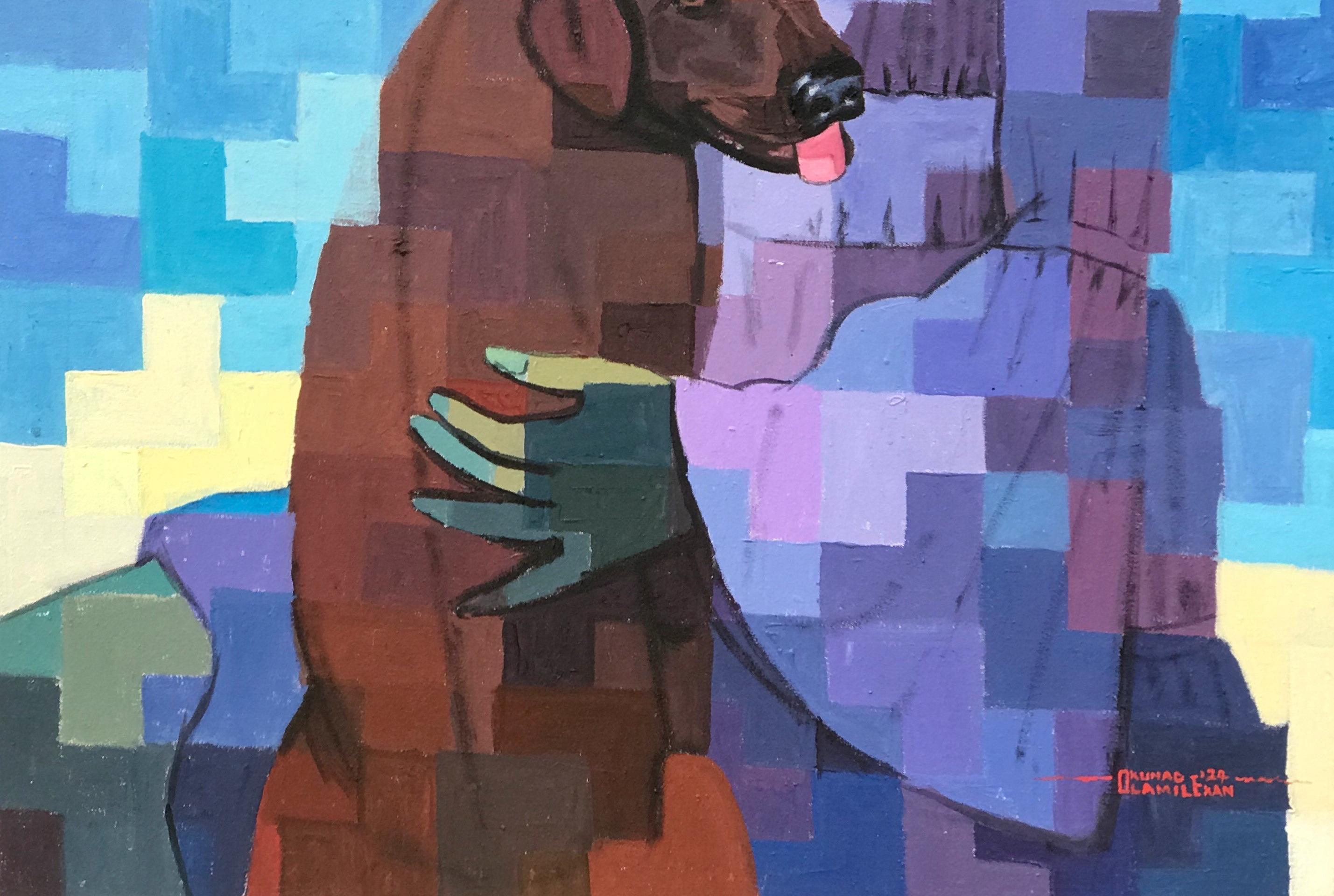 A Better Friend 1 - 21. Jahrhundert, Zeitgenössisch, Figurativ, Pixel, Frauen, Tier (Blau), Portrait Painting, von Olamilekan Okunade