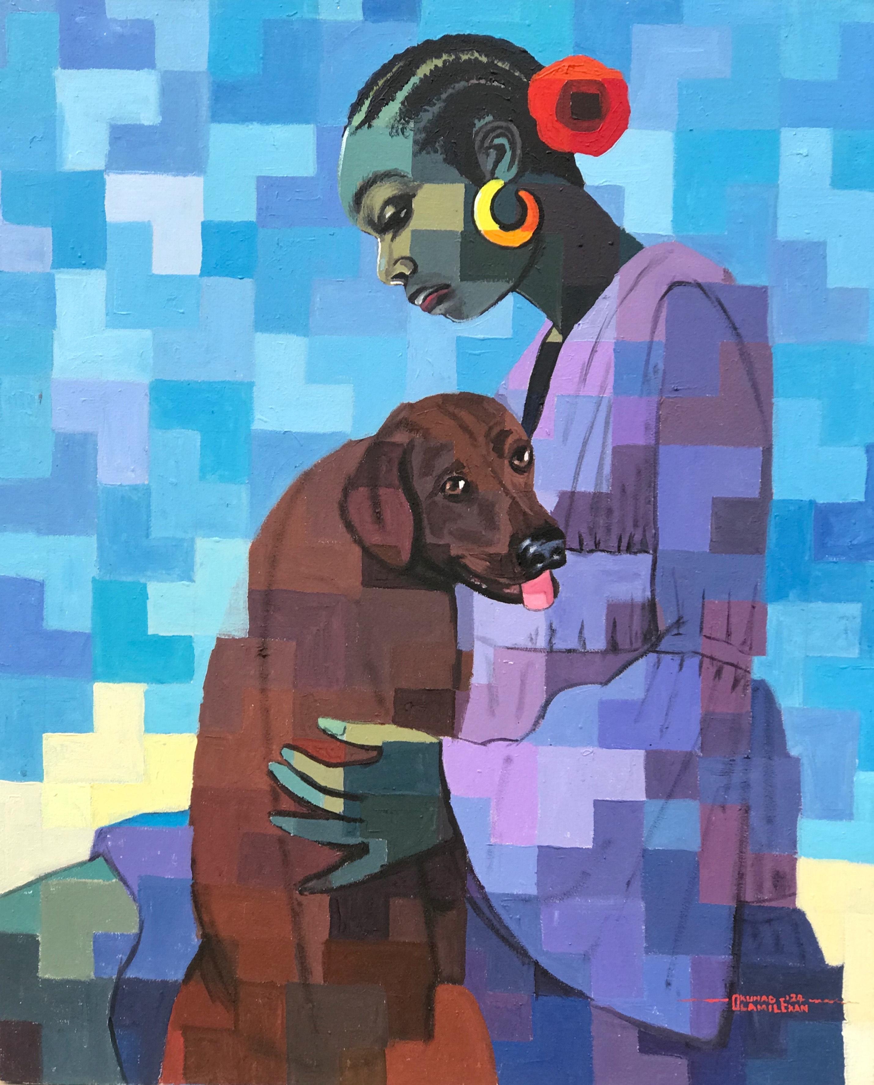 Olamilekan Okunade Portrait Painting – A Better Friend 1 - 21. Jahrhundert, Zeitgenössisch, Figurativ, Pixel, Frauen, Tier