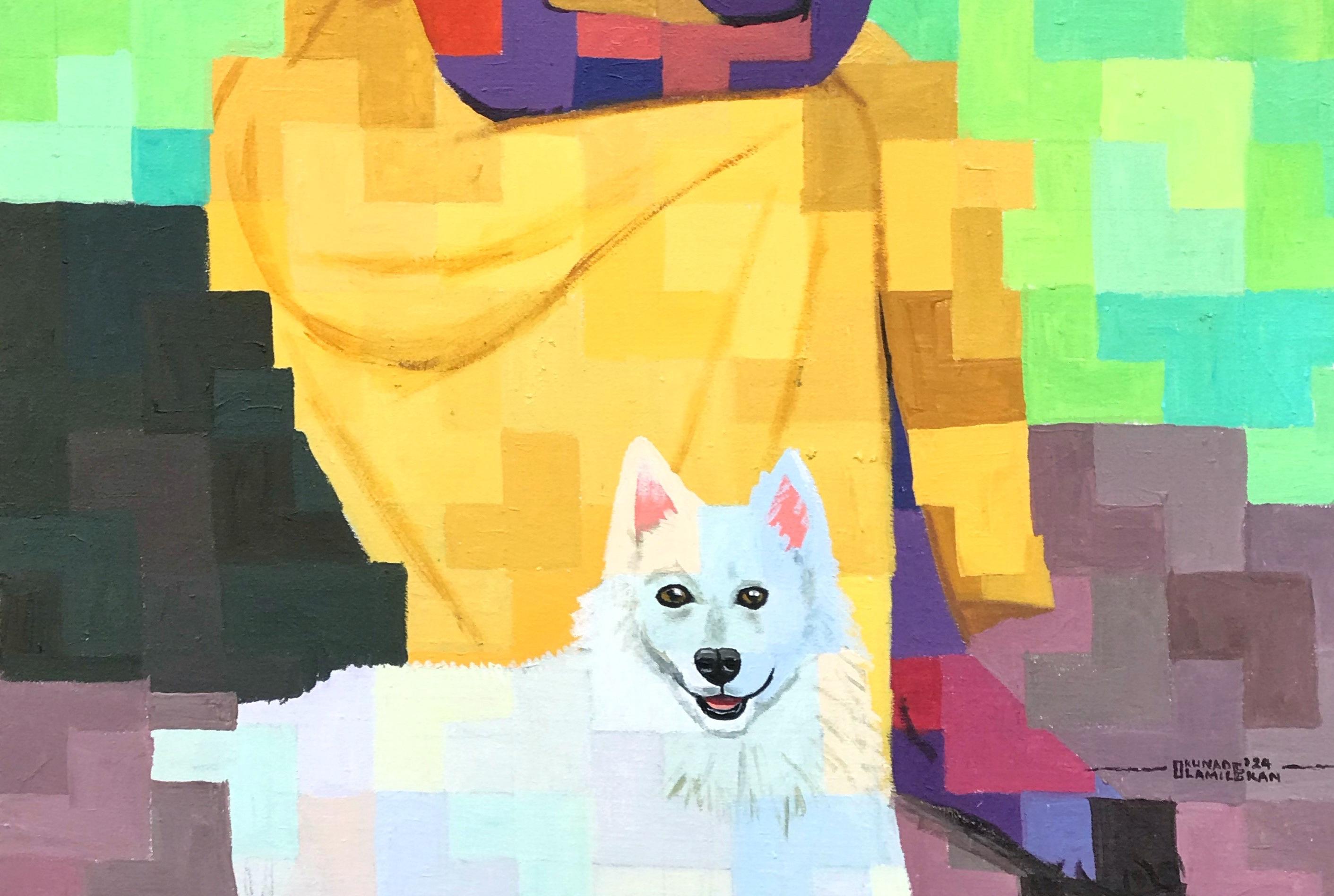 A Better Friend 2 - 21. Jahrhundert, Zeitgenössisch, Figurativ, Pixel, Frauen, Tier (Grün), Figurative Painting, von Olamilekan Okunade