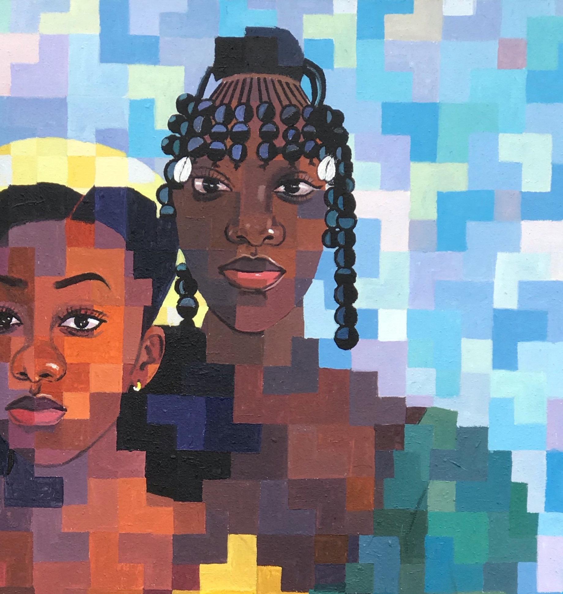 Abiyamo (Mothers That Nurtures) - 21. Jahrhundert, Zeitgenössisch, Figurativ, Pixel (Blau), Portrait Painting, von Olamilekan Okunade