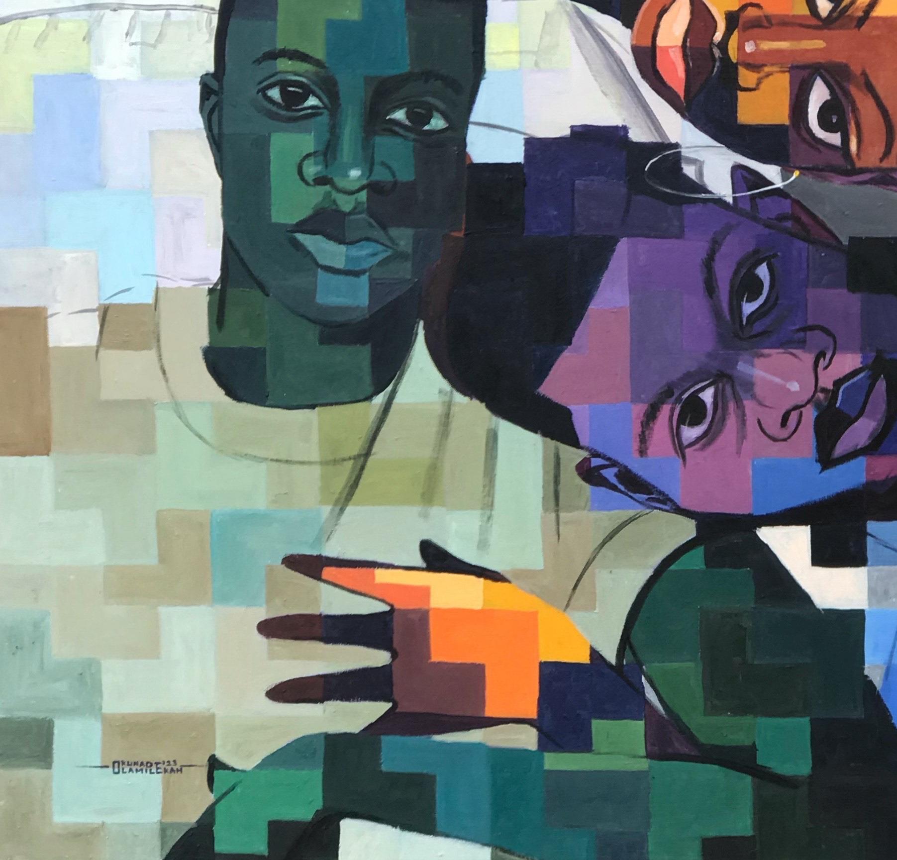 Eine Ode an falsche Bindungen - 21. Jahrhundert, Contemporary, Figurativ, Pixel, Modern Men (Grau), Figurative Painting, von Olamilekan Okunade