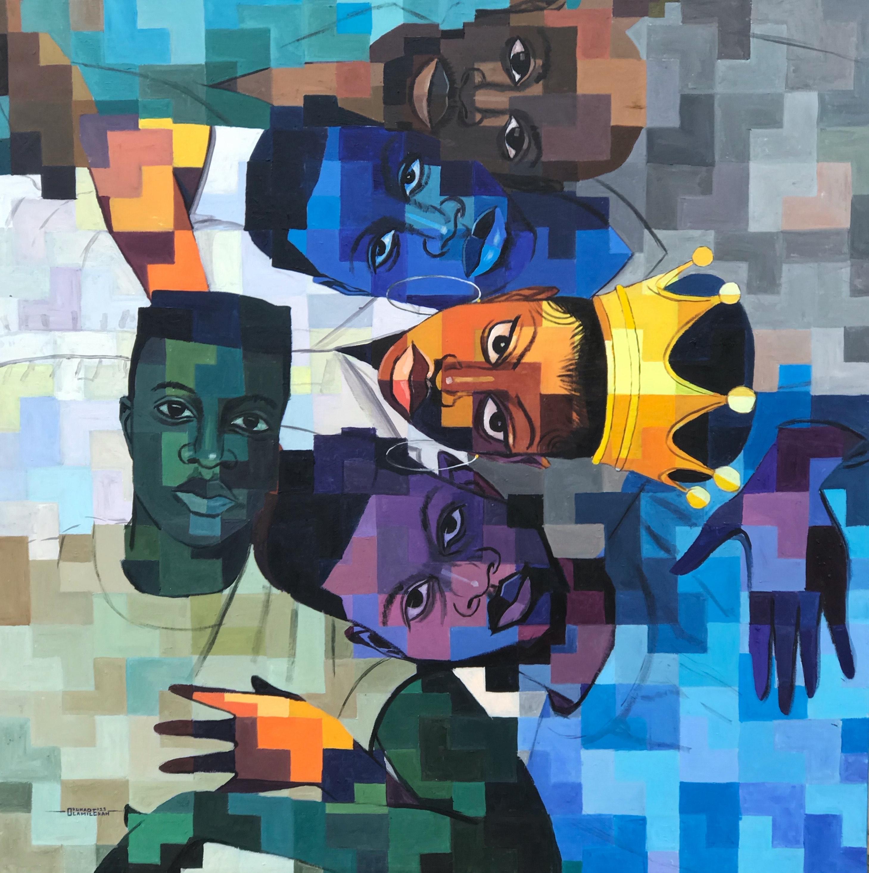 Olamilekan Okunade Figurative Painting – Eine Ode an falsche Bindungen - 21. Jahrhundert, Contemporary, Figurativ, Pixel, Modern Men