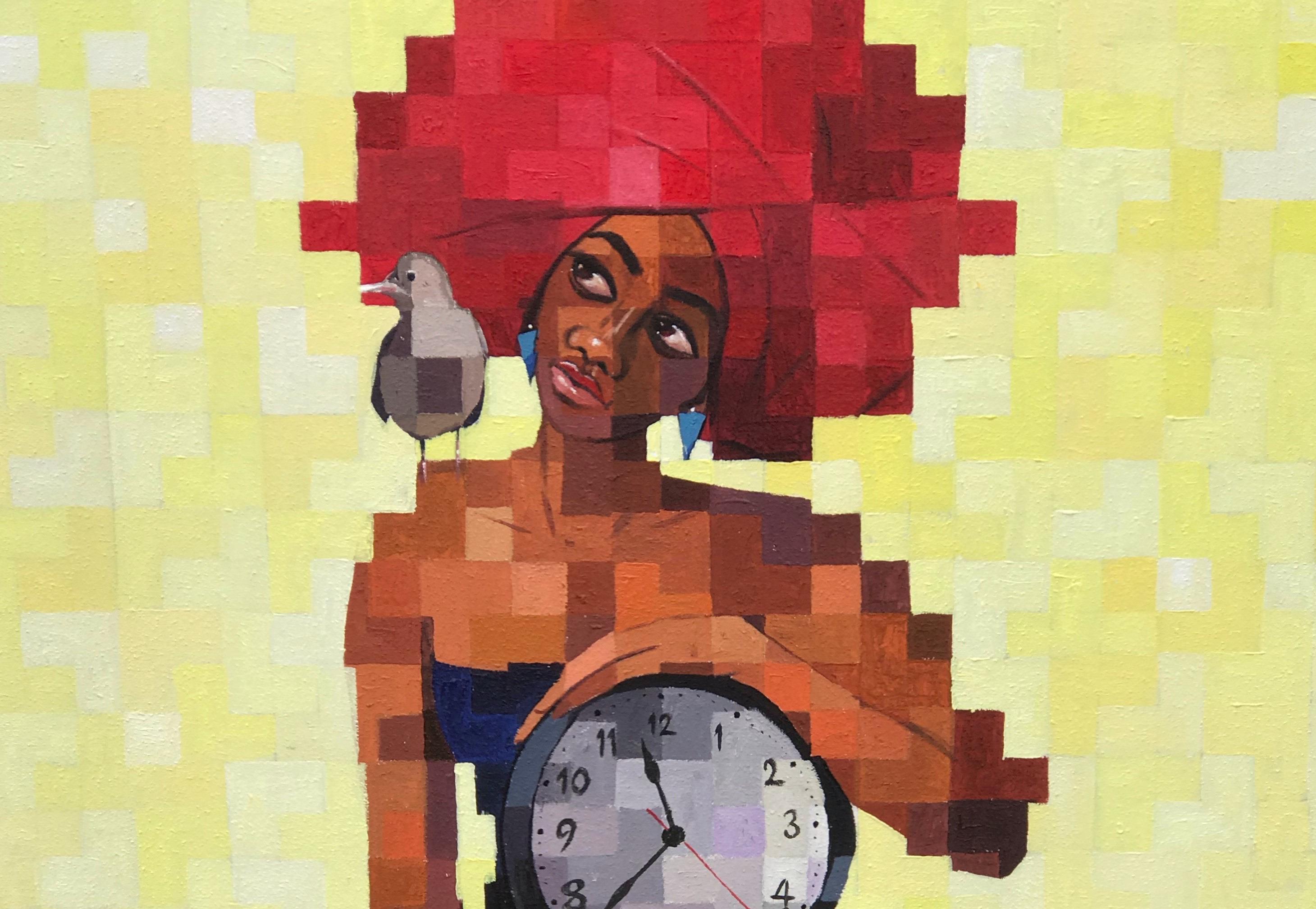 Cry To Freedom - 21st Century, Contemporary, Figurative, Pixelated, Women, Clock - Painting by Olamilekan Okunade