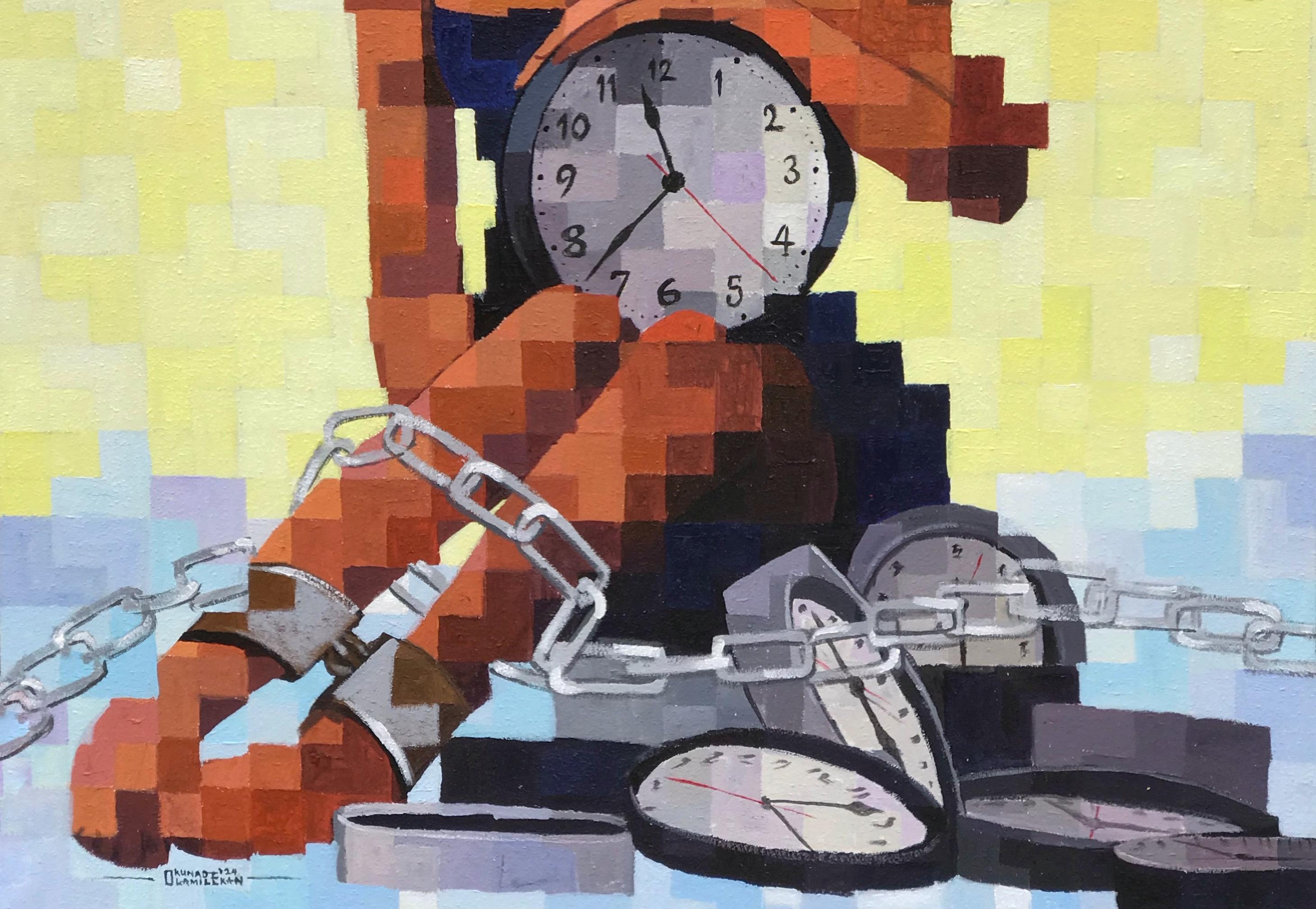Cry To Freedom - 21st Century, Contemporary, Figurative, Pixelated, Women, Clock - Beige Portrait Painting by Olamilekan Okunade