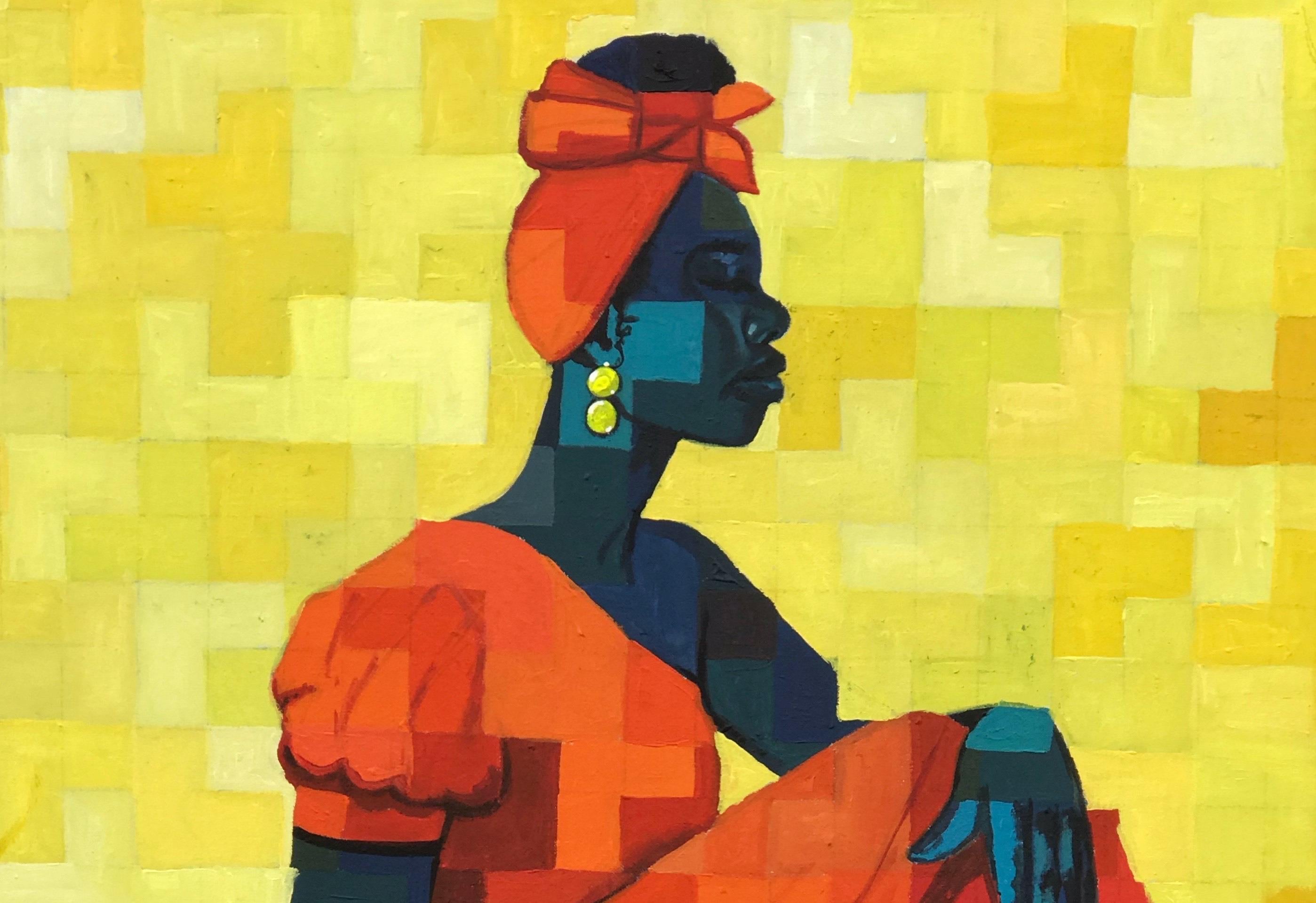 Imp of Reflection - 21. Jahrhundert, Contemporary, Figurativ, Pixel, Frauen, Tier – Painting von Olamilekan Okunade