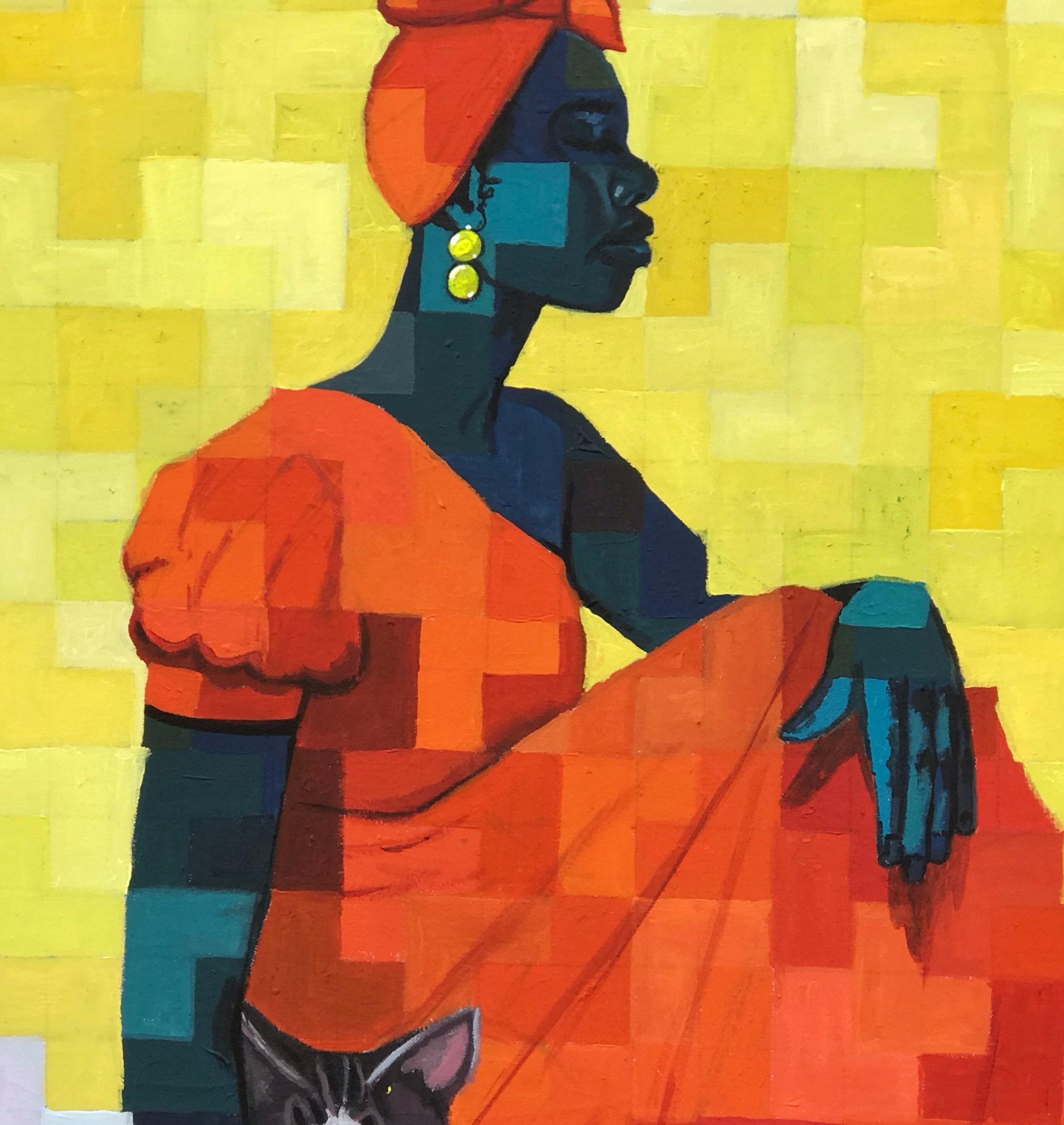 Imp of Reflection - 21. Jahrhundert, Contemporary, Figurativ, Pixel, Frauen, Tier (Orange), Portrait Painting, von Olamilekan Okunade