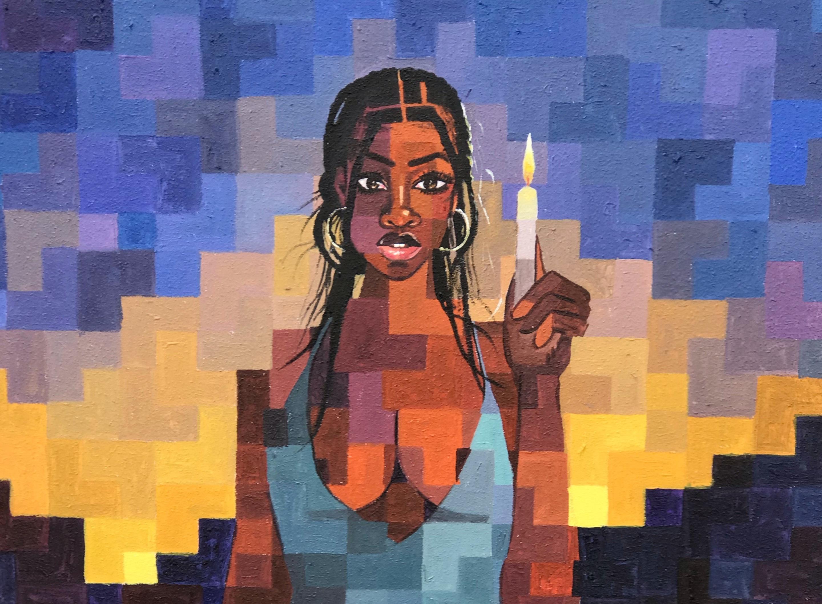 Lichtträger - 21. Jahrhundert, Contemporary, Figurativ, Verpixelt, Frauen, Kerze – Painting von Olamilekan Okunade