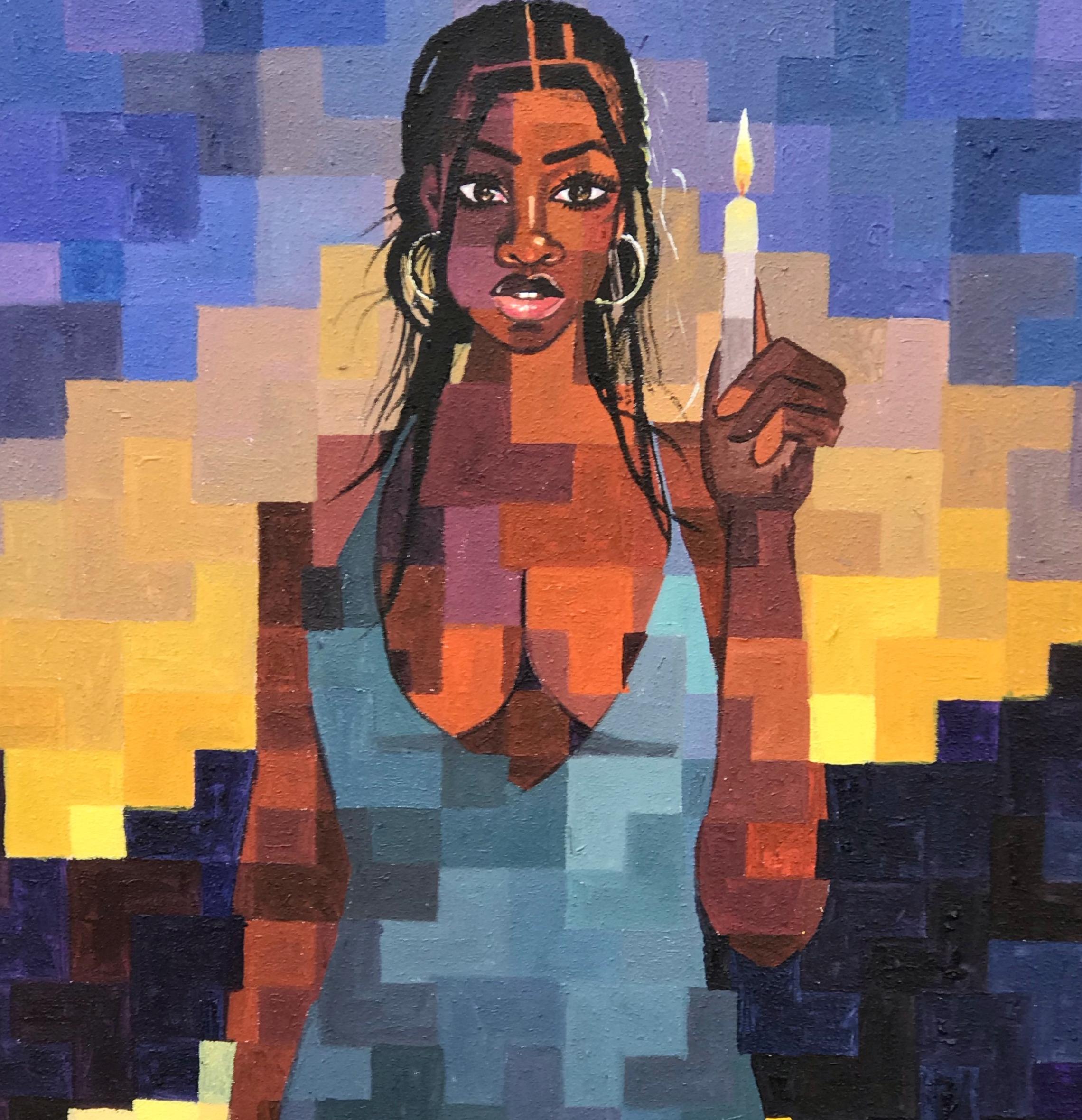 Lichtträger - 21. Jahrhundert, Contemporary, Figurativ, Verpixelt, Frauen, Kerze (Grau), Figurative Painting, von Olamilekan Okunade