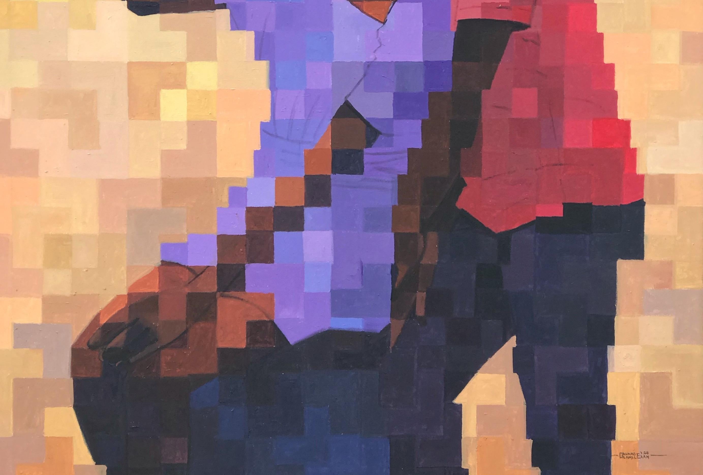 Place Called Home -21. Jahrhundert, Zeitgenössisch, Figurativ, Verpixelt, Frauen (Beige), Figurative Painting, von Olamilekan Okunade