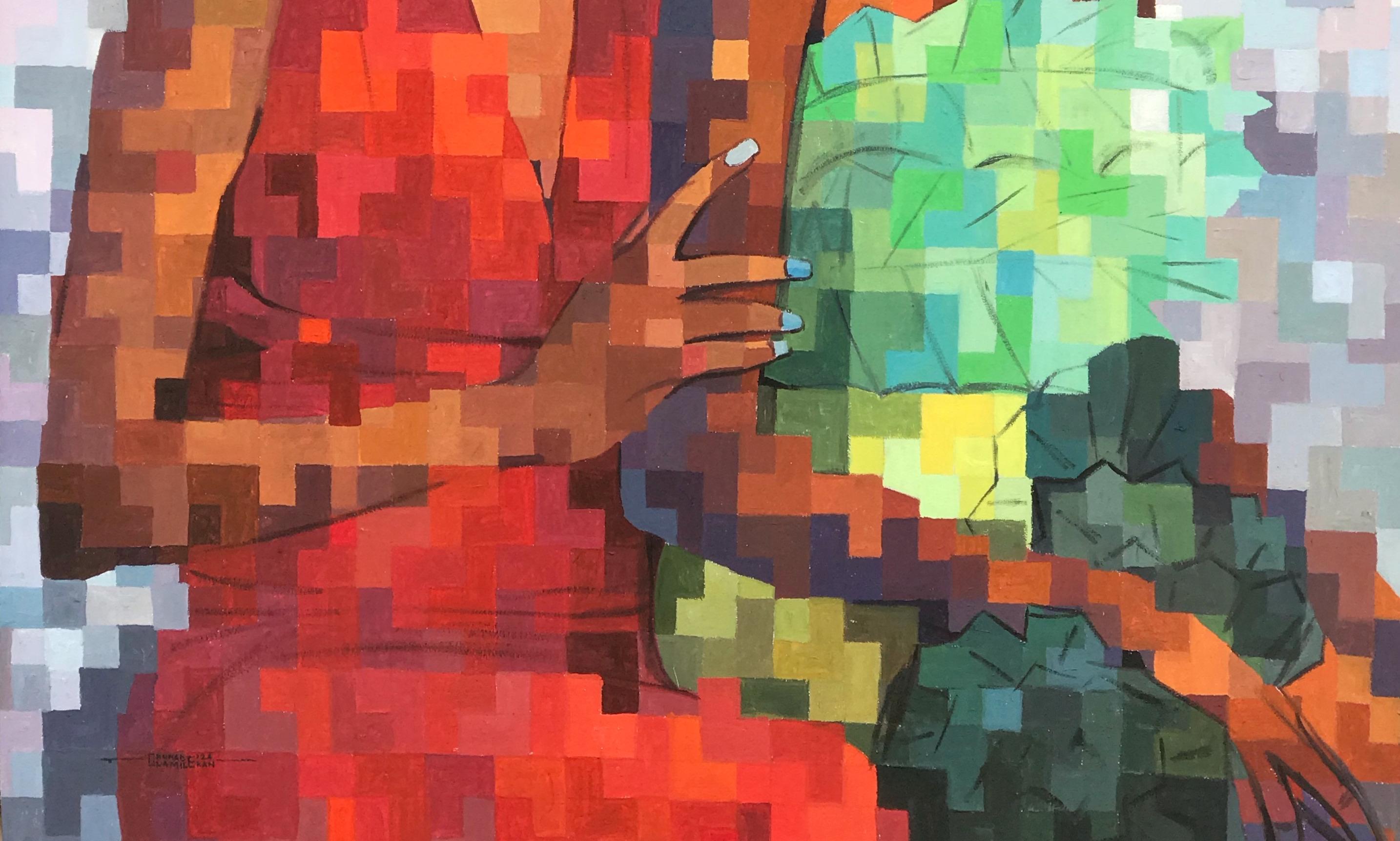 Solidarietà tra sorelle -21° secolo, Contemporaneo, Figurativo, Pixel, Amore, Donne - Portrait Painting Beige di Olamilekan Okunade