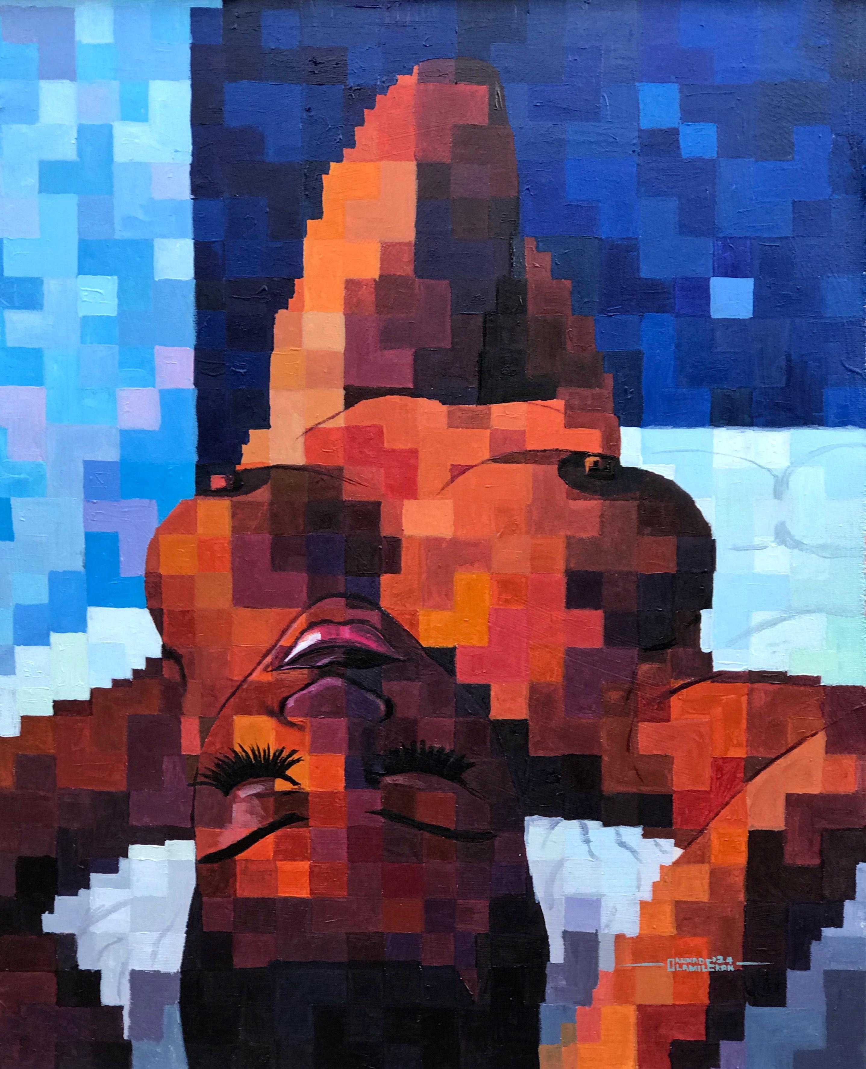 Figurative Painting Olamilekan Okunade - Temple de Dieu 1 - 21e siècle, Contemporain, Figuratif, Pixellisé, Femme, Nu